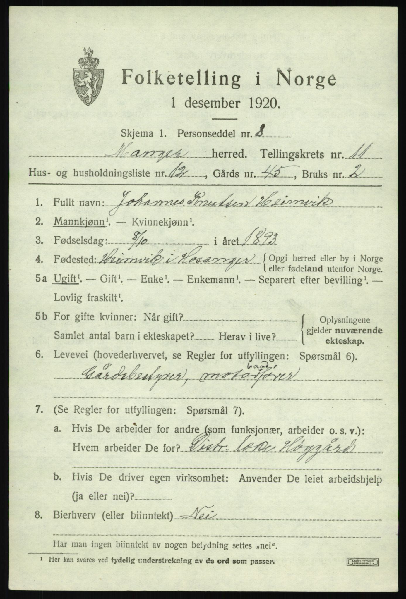 SAB, Folketelling 1920 for 1261 Manger herred, 1920, s. 6840