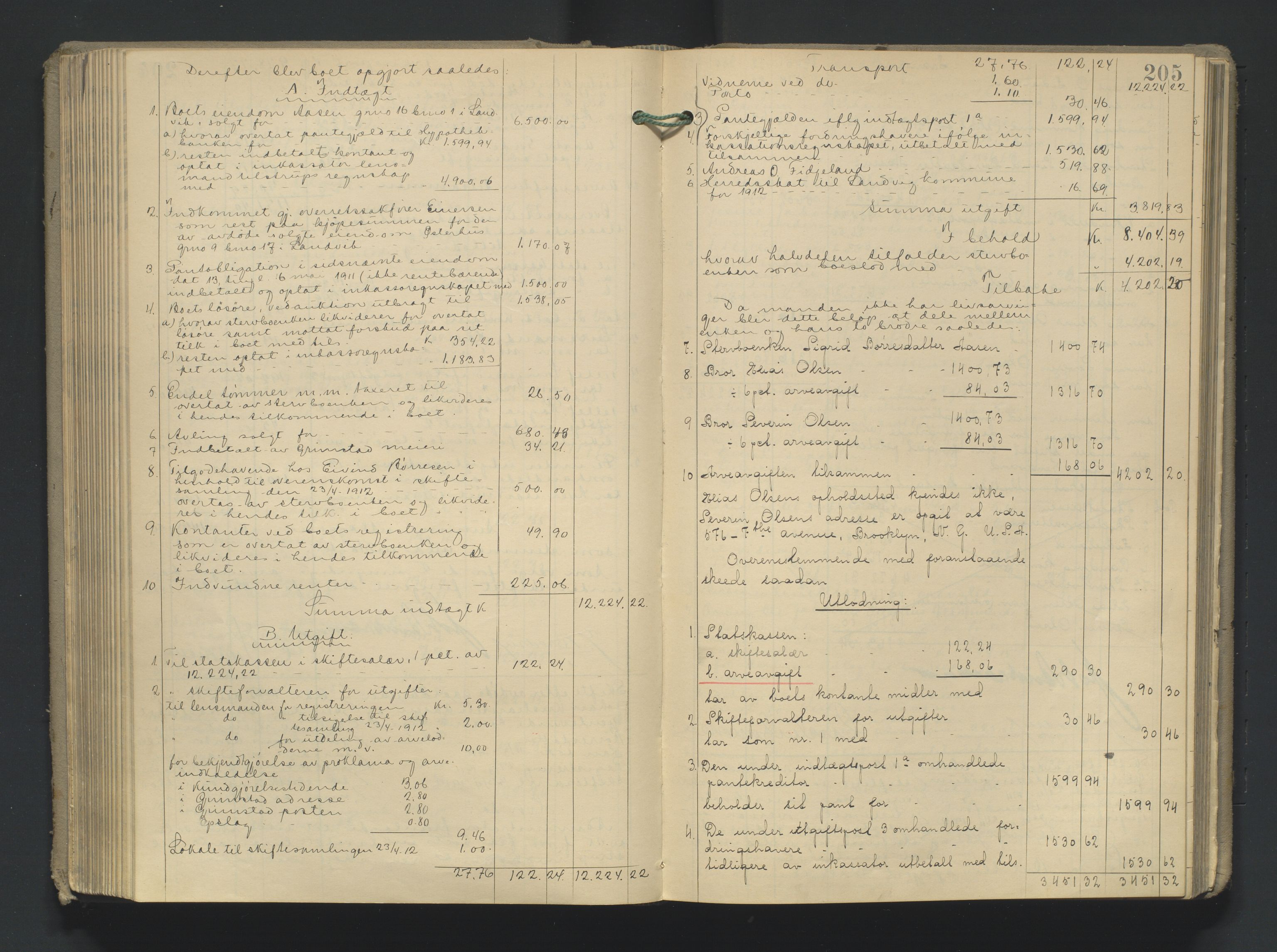 Vestre Nedenes/Sand sorenskriveri, AV/SAK-1221-0010/H/Hc/L0021: Skifteutlodningsprotokoll nr. 8, 1907-1919, s. 205