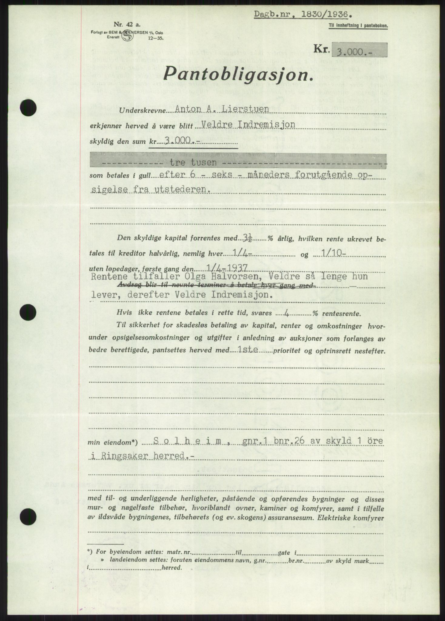 Nord-Hedmark sorenskriveri, SAH/TING-012/H/Hb/Hbf/L0001: Pantebok nr. B1, 1936-1936, Dagboknr: 1830/1936
