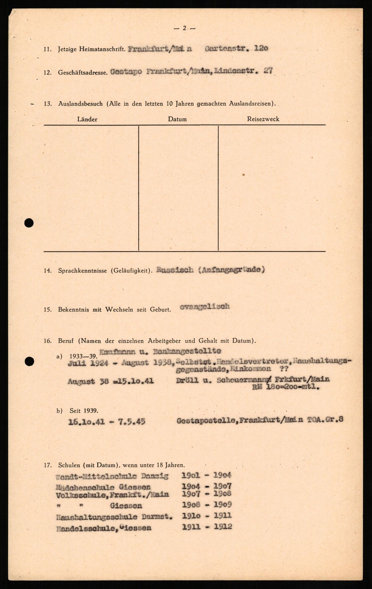 Forsvaret, Forsvarets overkommando II, RA/RAFA-3915/D/Db/L0011: CI Questionaires. Tyske okkupasjonsstyrker i Norge. Tyskere., 1945-1946, s. 90