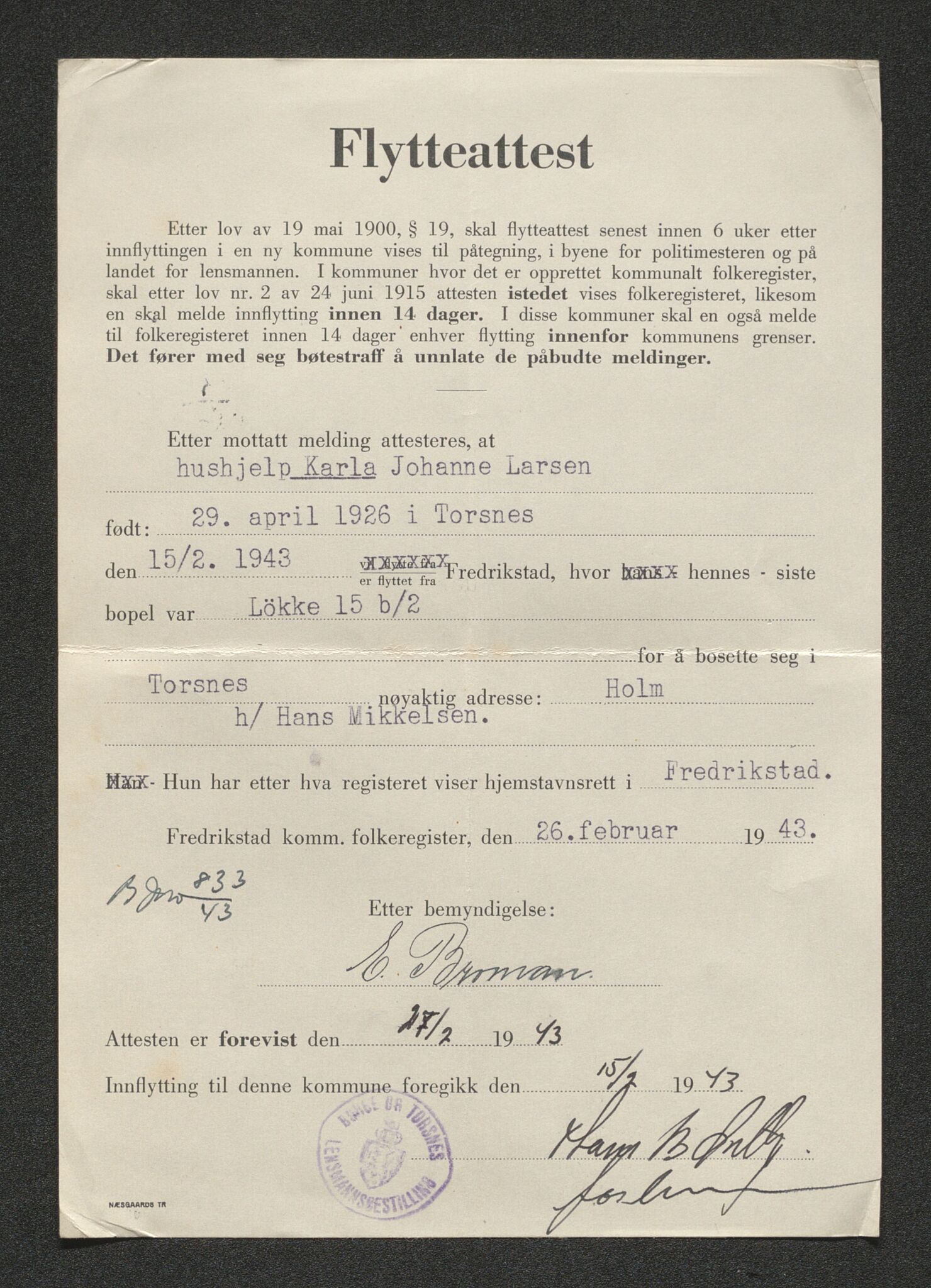 Borge lensmannskontor (Østfold), AV/SAO-A-10176/I/Ia/L0007: Protokoll over inn- og utflyttede i Torsnes fattigkommune, 1923-1943
