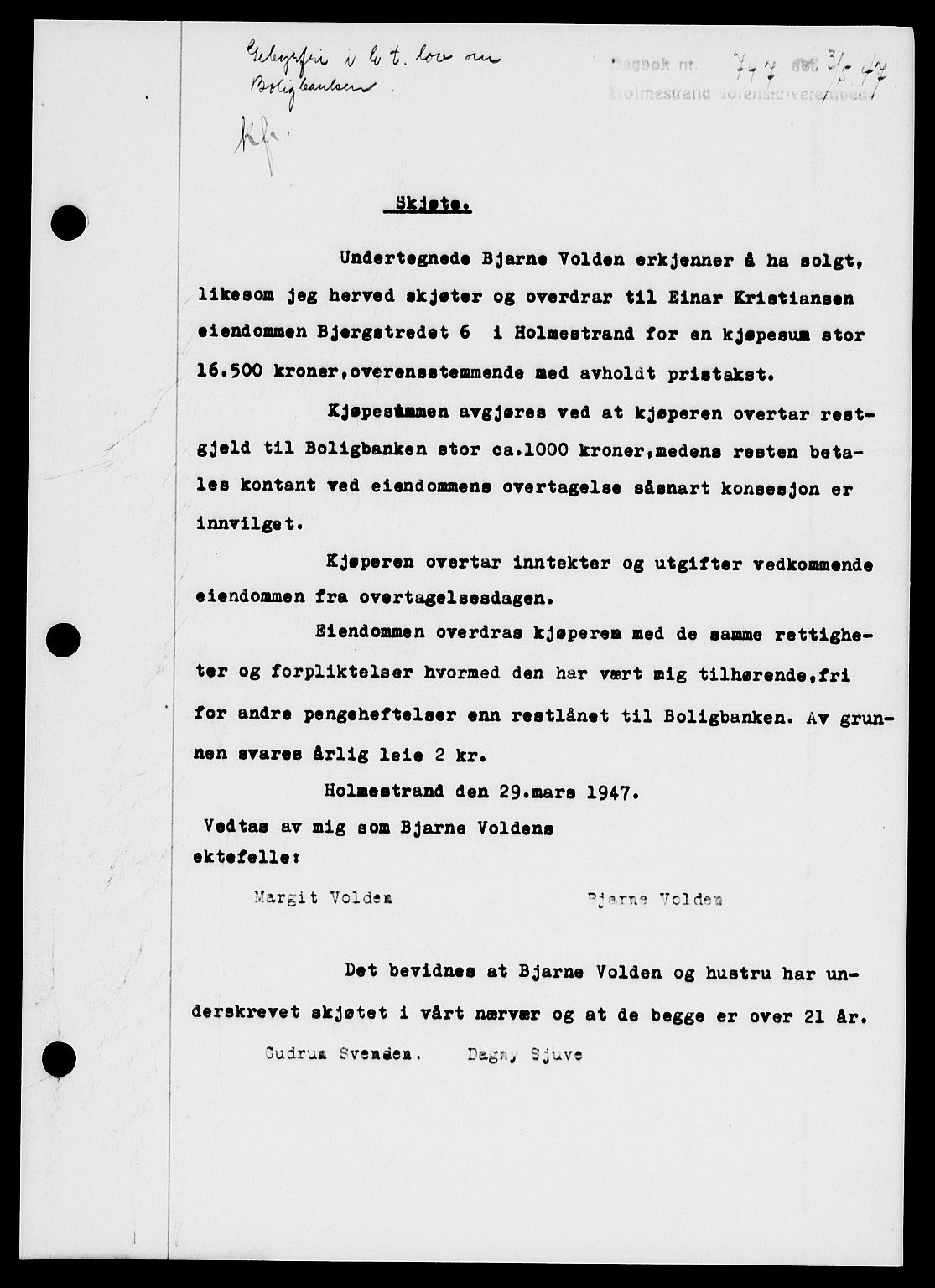Holmestrand sorenskriveri, SAKO/A-67/G/Ga/Gaa/L0062: Pantebok nr. A-62, 1947-1947, Dagboknr: 747/1947