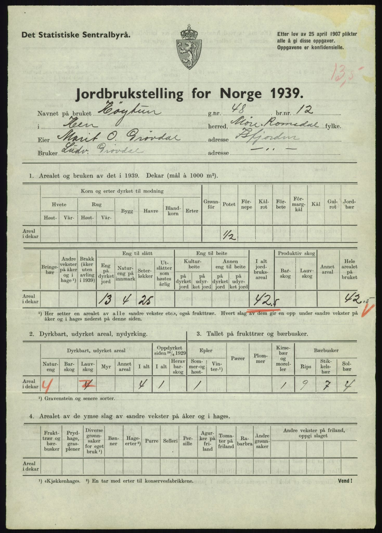 Statistisk sentralbyrå, Næringsøkonomiske emner, Jordbruk, skogbruk, jakt, fiske og fangst, AV/RA-S-2234/G/Gb/L0251: Møre og Romsdal: Voll, Eid, Grytten og Hen, 1939, s. 1307