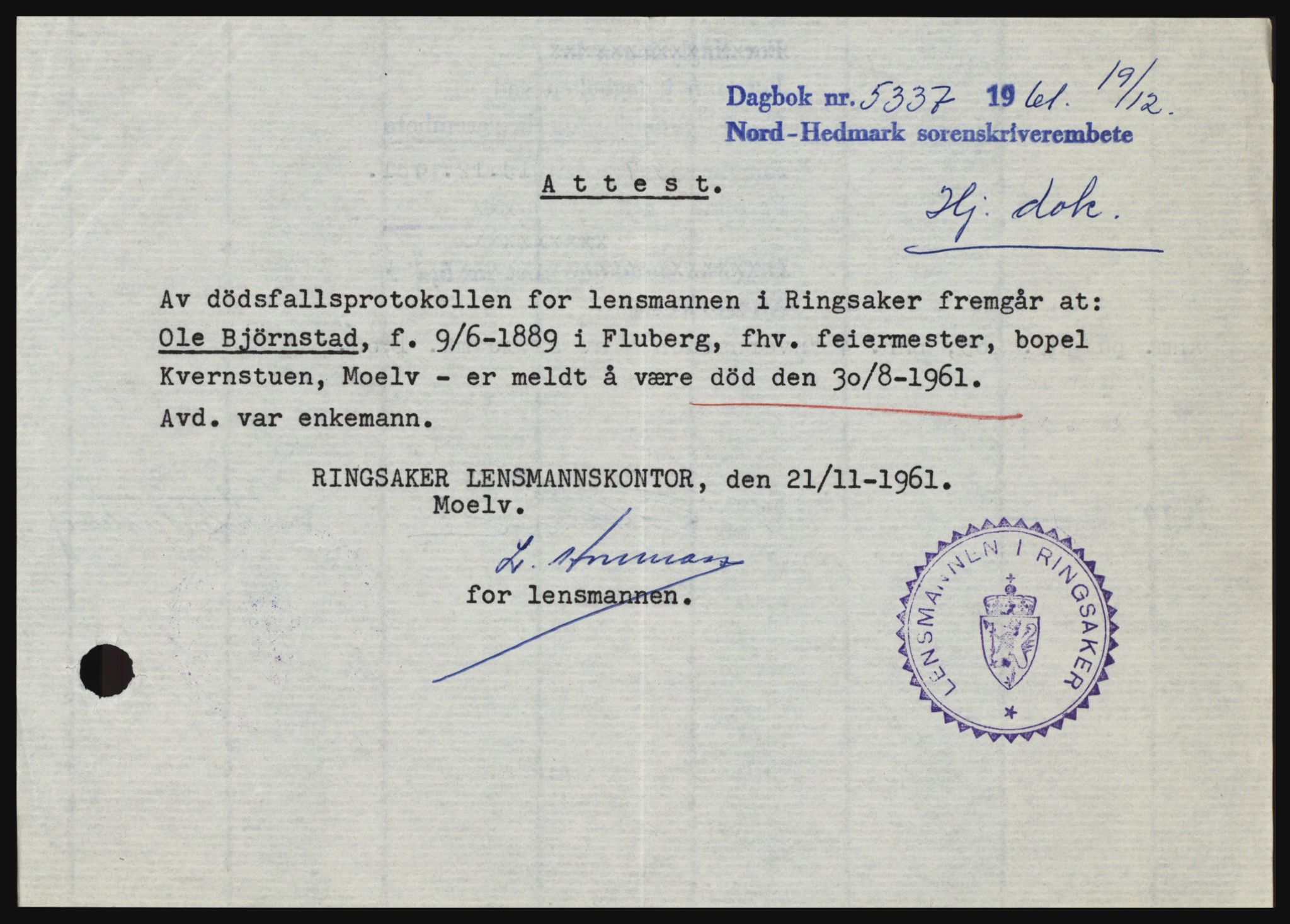 Nord-Hedmark sorenskriveri, SAH/TING-012/H/Hc/L0015: Pantebok nr. 15, 1961-1961, Dagboknr: 5337/1961
