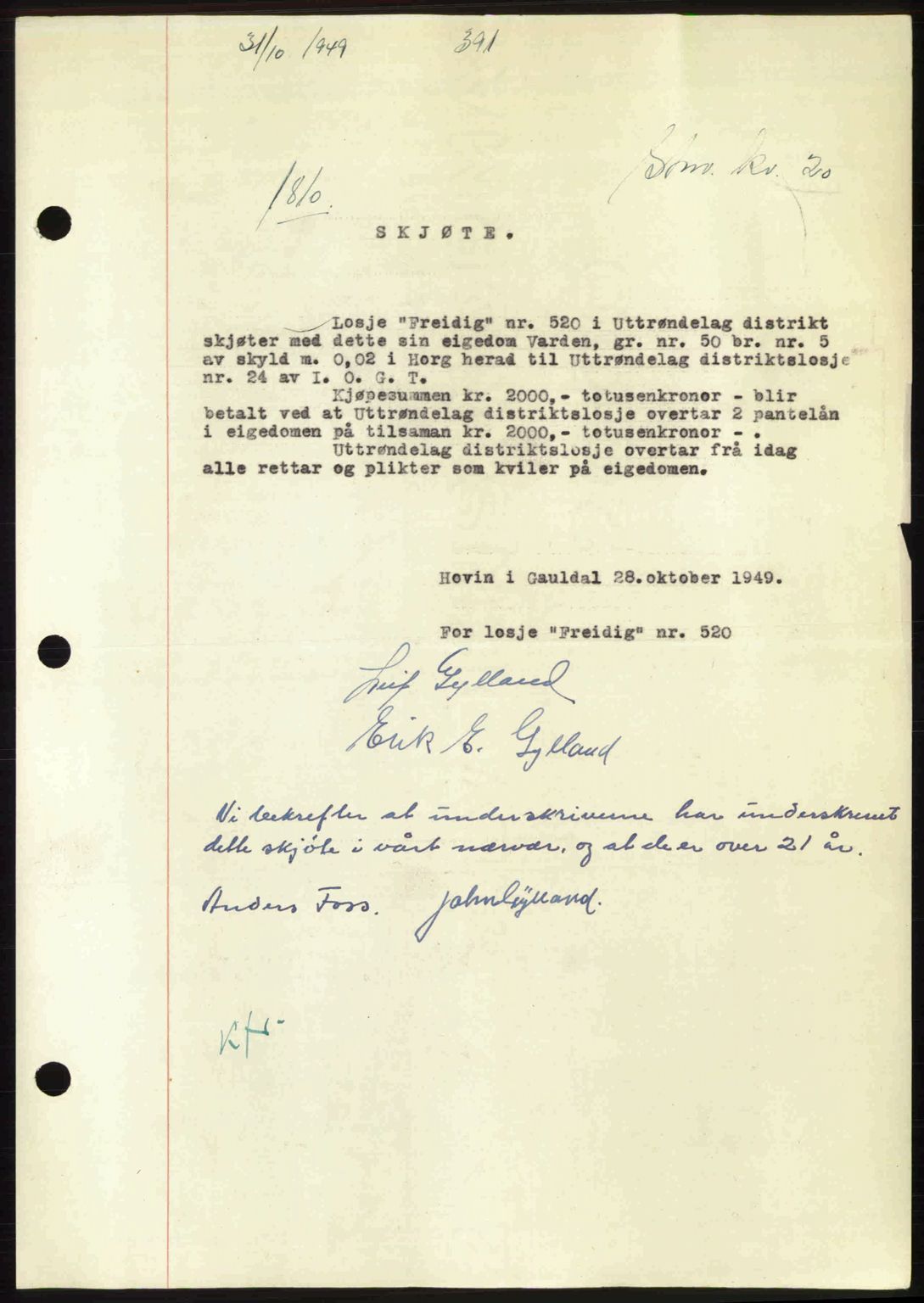 Gauldal sorenskriveri, SAT/A-0014/1/2/2C: Pantebok nr. A8, 1949-1949, Dagboknr: 1810/1949