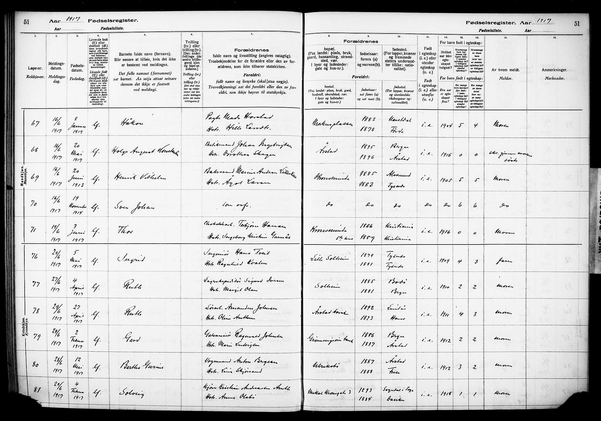 Årstad Sokneprestembete, AV/SAB-A-79301/I/Id/L0A01: Fødselsregister nr. A 1, 1916-1920, s. 51