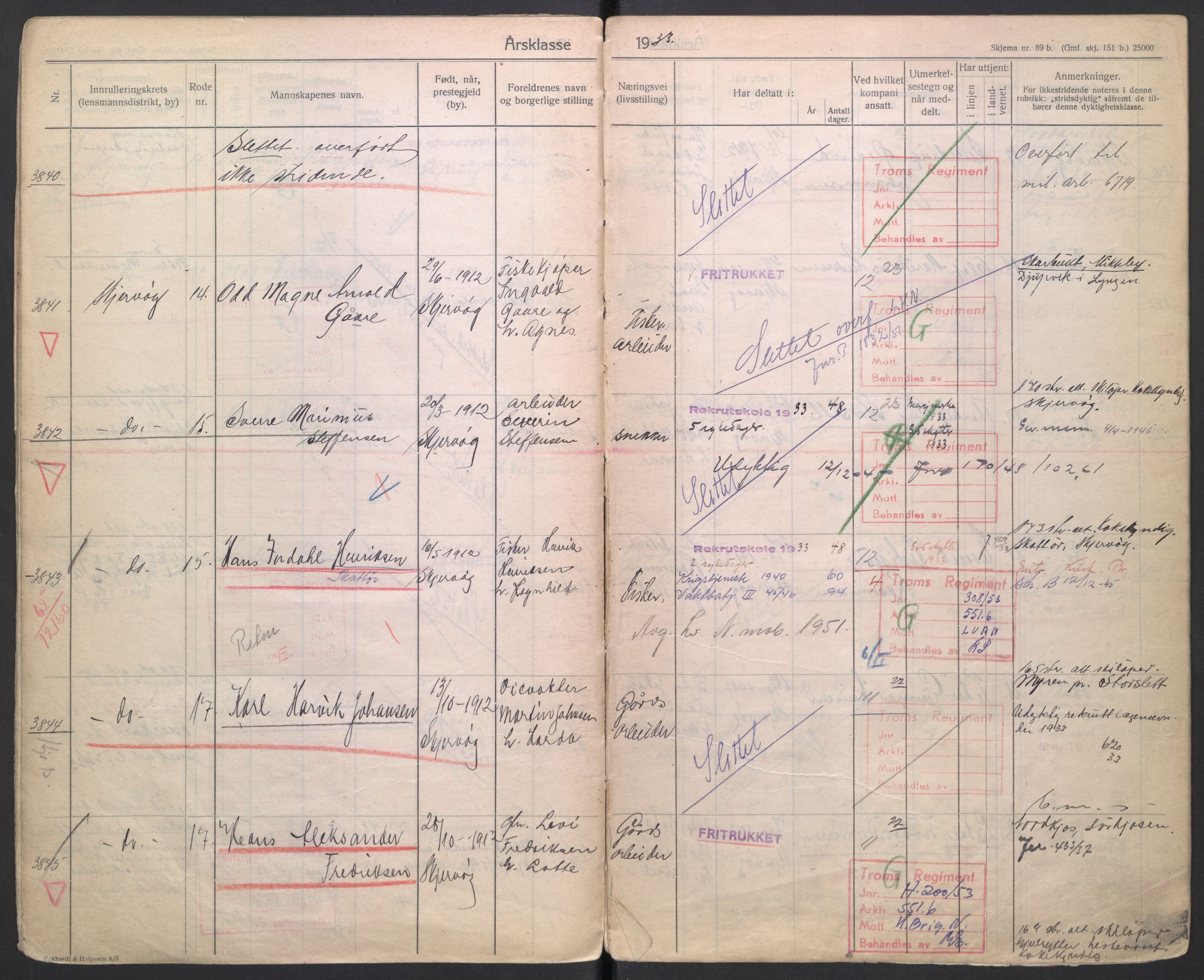 Forsvaret, Troms infanteriregiment nr. 16, AV/RA-RAFA-3146/P/Pa/L0006/0006: Ruller / Rulle for Lyngen bataljons menige mannskaper, årsklasse 1933, 1933