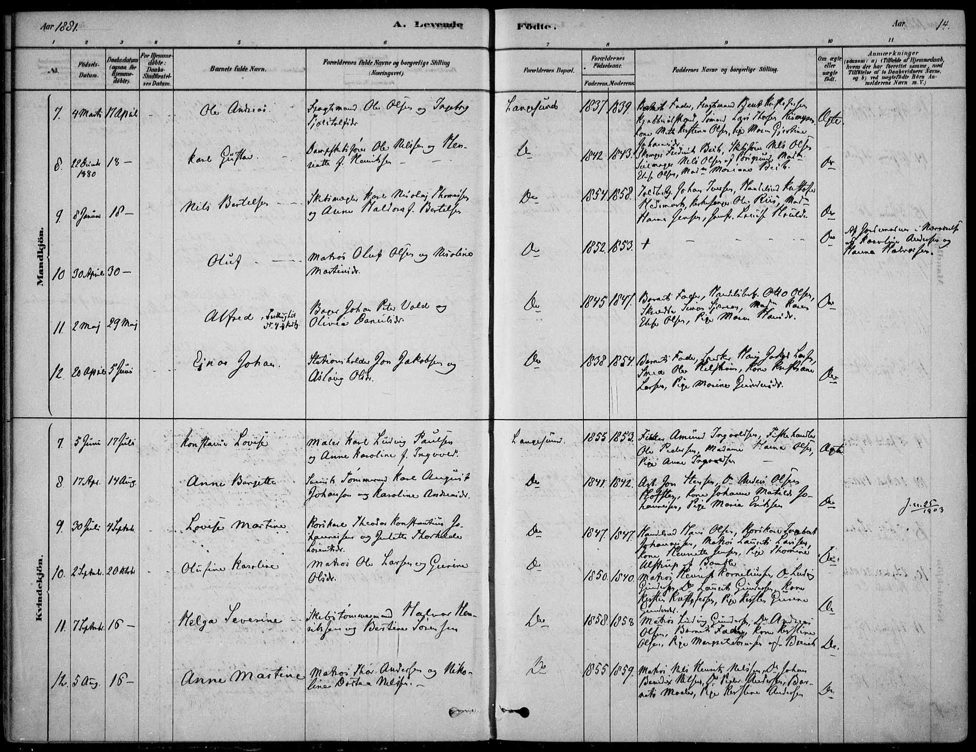 Langesund kirkebøker, AV/SAKO-A-280/F/Fa/L0002: Ministerialbok nr. 2, 1878-1892, s. 14