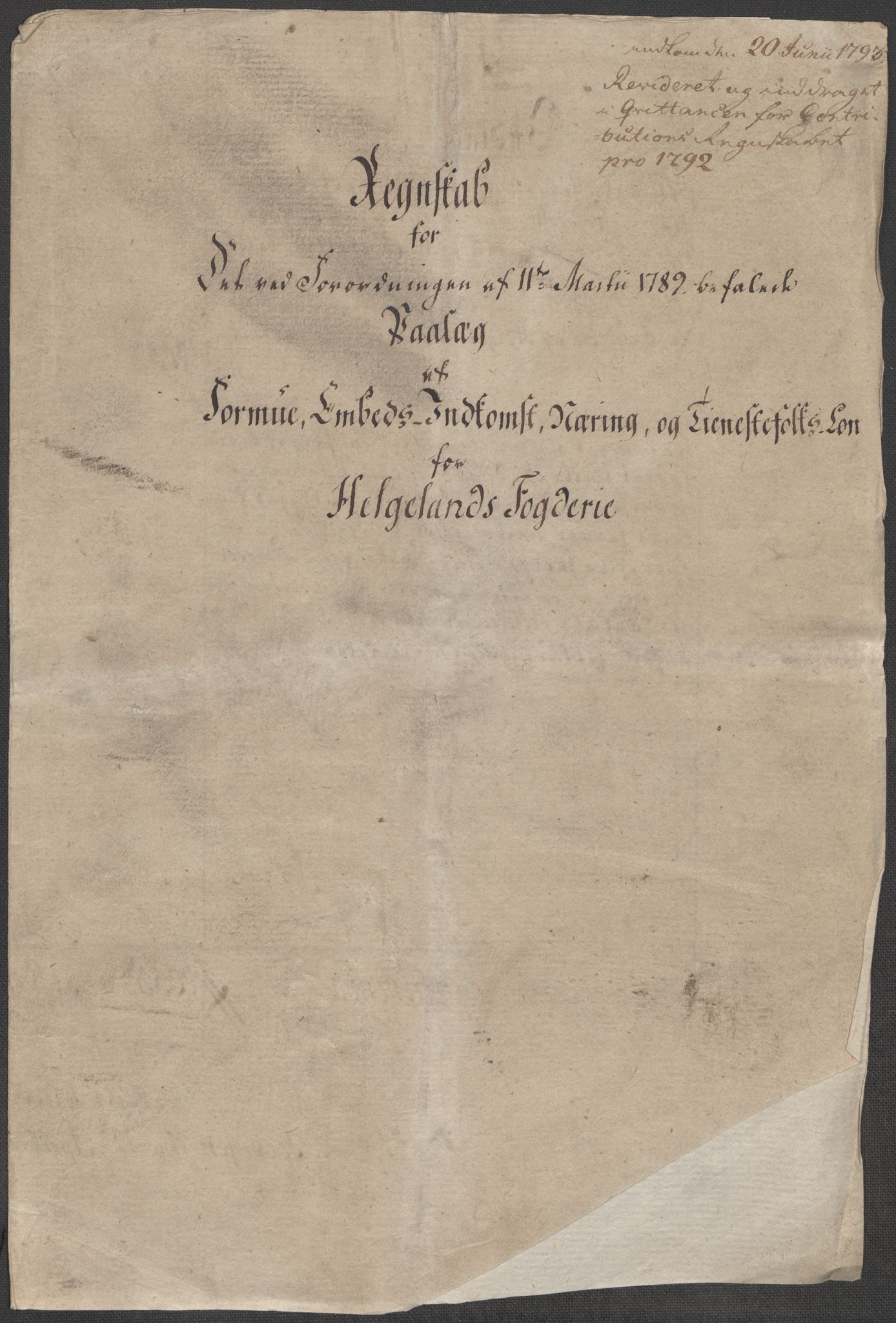 Rentekammeret inntil 1814, Reviderte regnskaper, Mindre regnskaper, RA/EA-4068/Rf/Rfe/L0014: Helgeland fogderi, 1789, s. 5