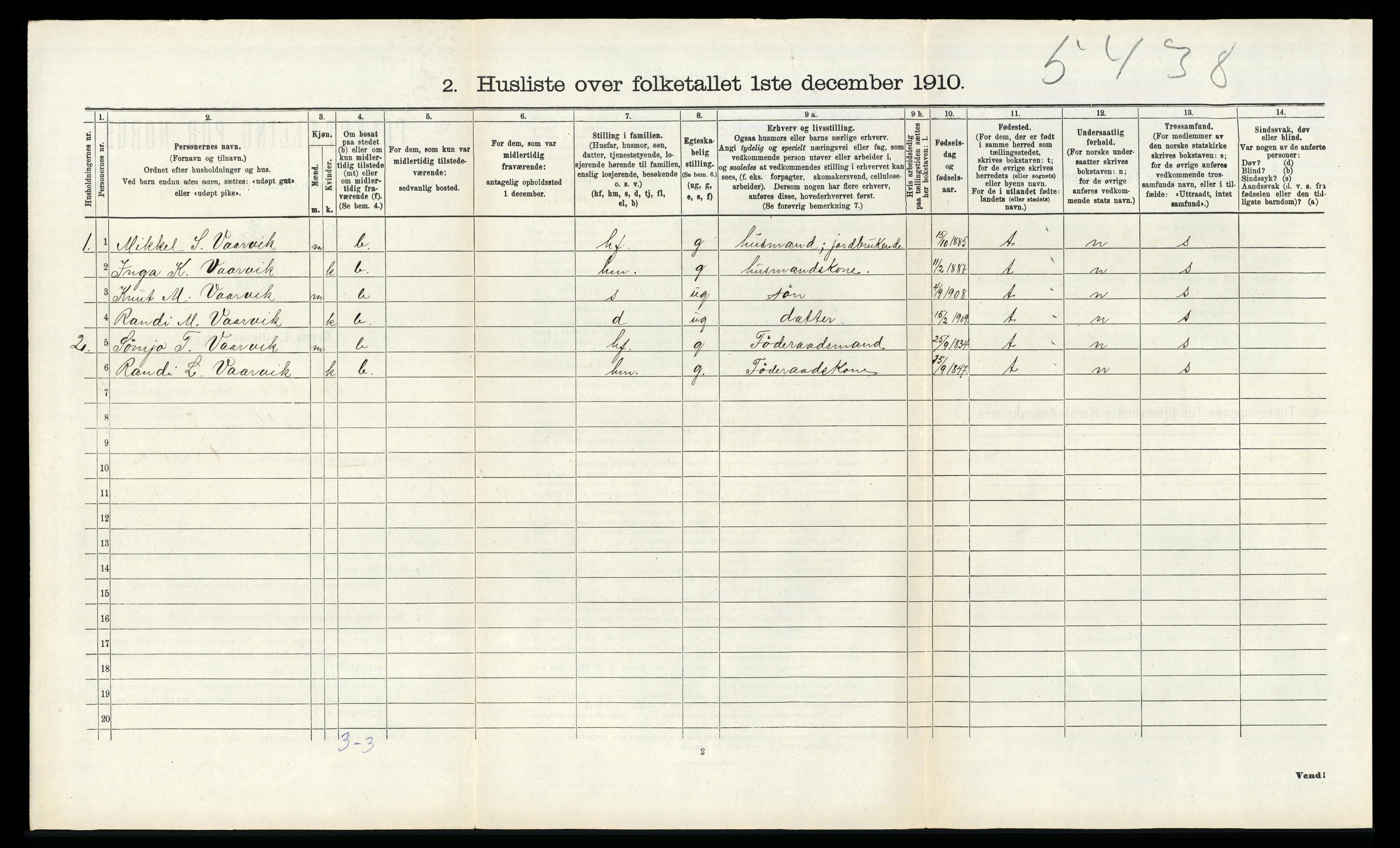 RA, Folketelling 1910 for 1134 Suldal herred, 1910, s. 454