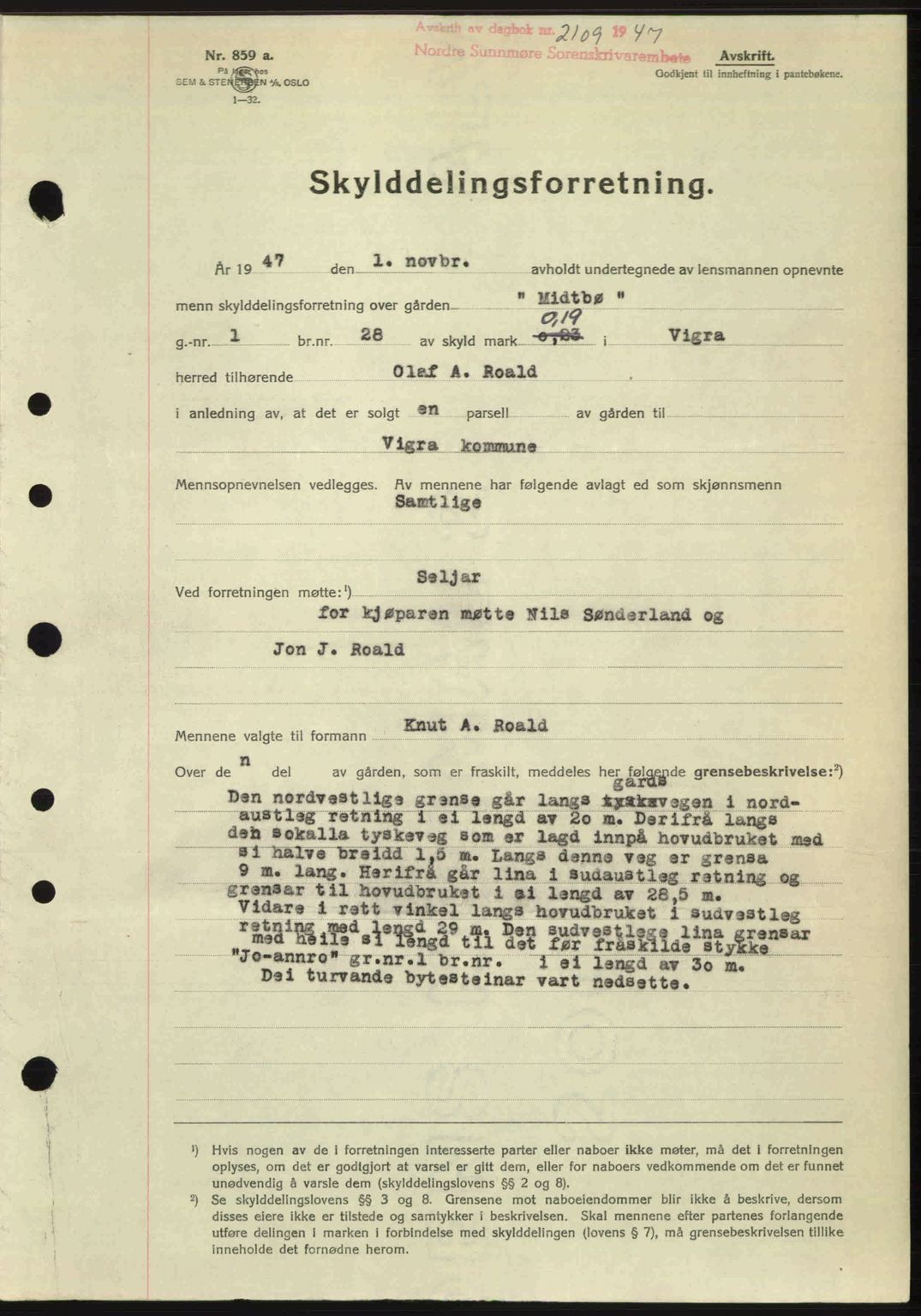 Nordre Sunnmøre sorenskriveri, AV/SAT-A-0006/1/2/2C/2Ca: Pantebok nr. A26, 1947-1948, Dagboknr: 2109/1947