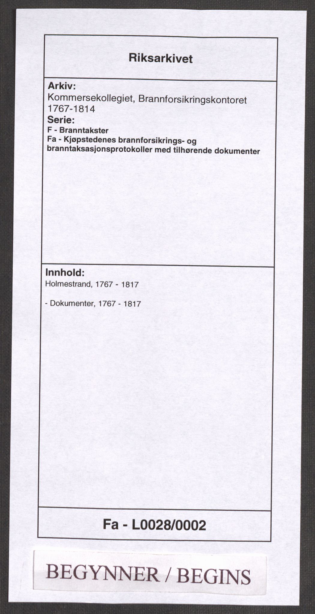 Kommersekollegiet, Brannforsikringskontoret 1767-1814, RA/EA-5458/F/Fa/L0028/0002: Holmestrand / Dokumenter, 1767-1817