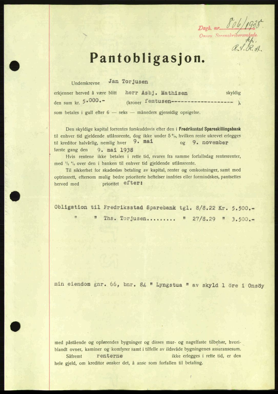 Onsøy sorenskriveri, SAO/A-10474/G/Ga/Gac/L0001: Pantebok nr. B1, 1936-1938, Dagboknr: 806/1938