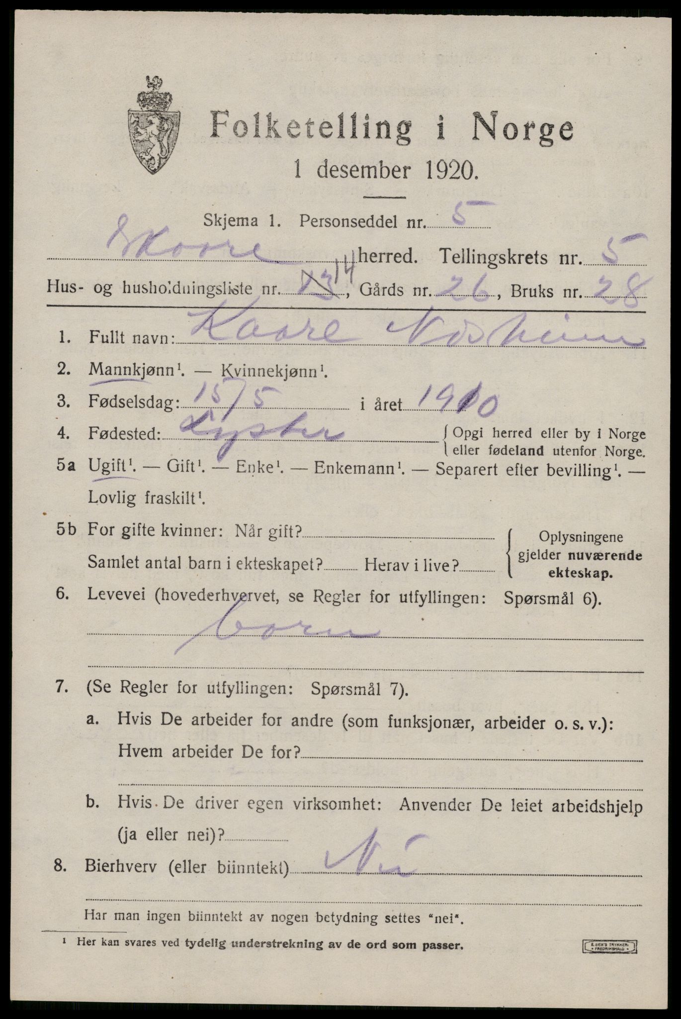 SAST, Folketelling 1920 for 1153 Skåre herred, 1920, s. 2886