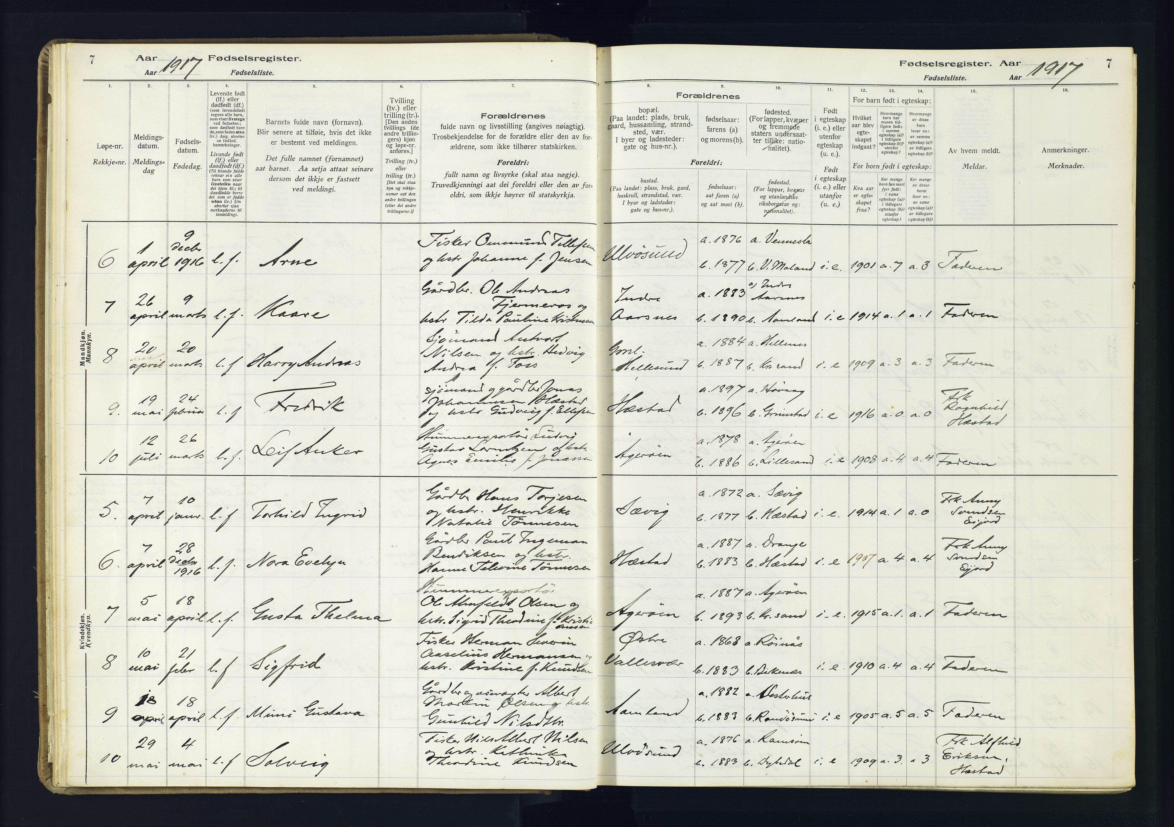 Høvåg sokneprestkontor, AV/SAK-1111-0025/J/Ja/L0001: Fødselsregister nr. II.4.2, 1916-1982, s. 7