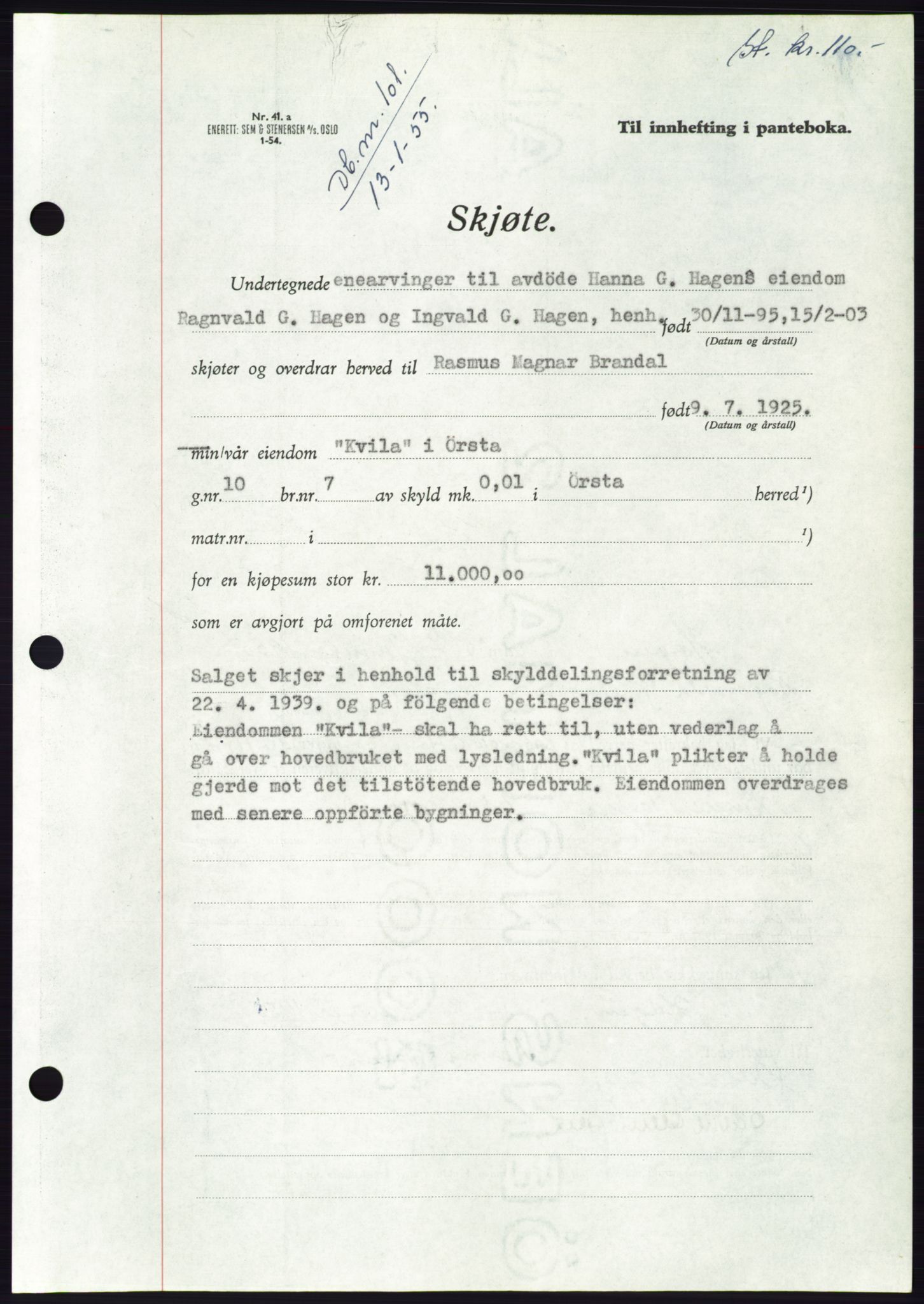 Søre Sunnmøre sorenskriveri, SAT/A-4122/1/2/2C/L0100: Pantebok nr. 26A, 1954-1955, Dagboknr: 101/1955