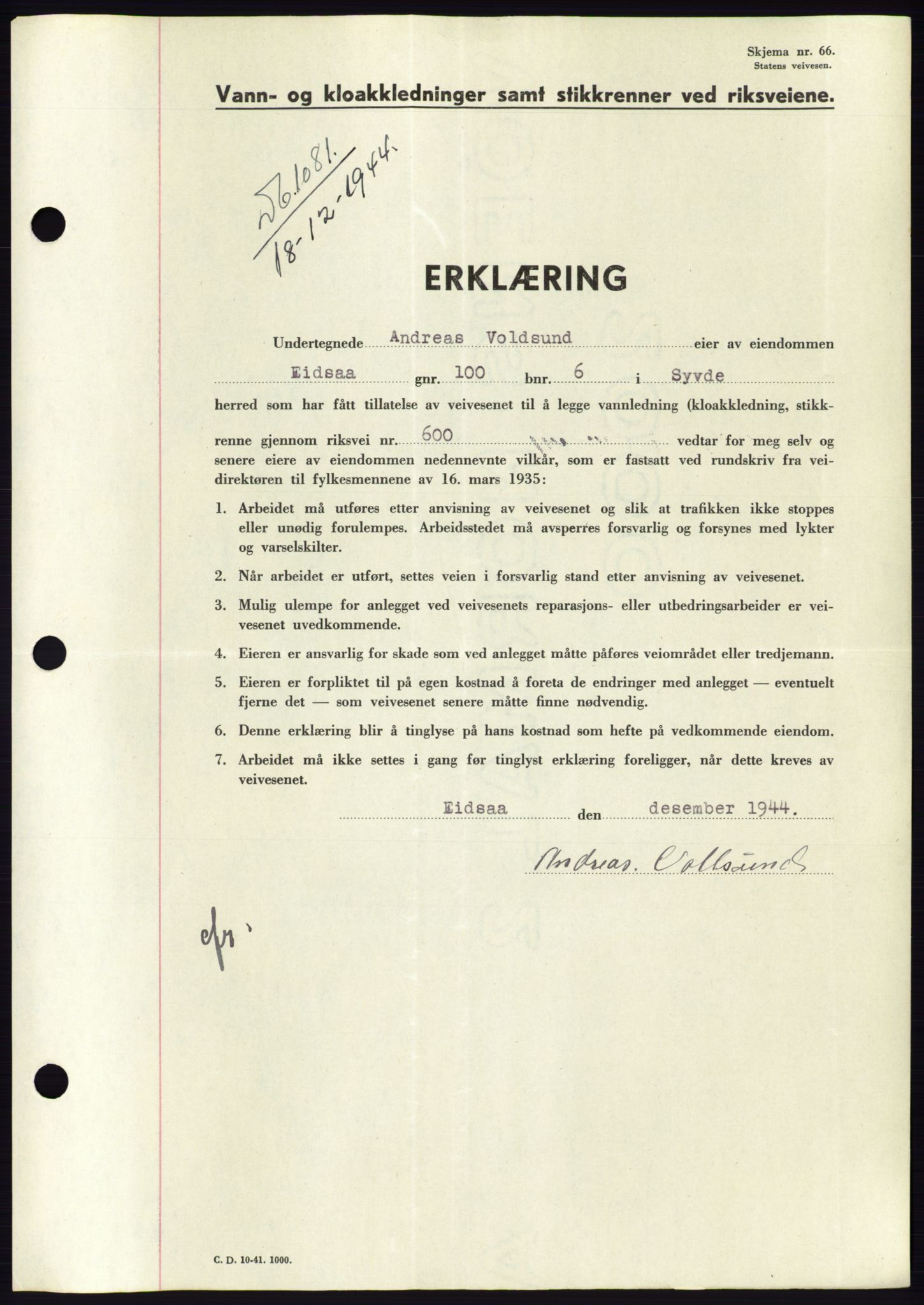 Søre Sunnmøre sorenskriveri, AV/SAT-A-4122/1/2/2C/L0076: Pantebok nr. 2A, 1943-1944, Dagboknr: 1081/1944