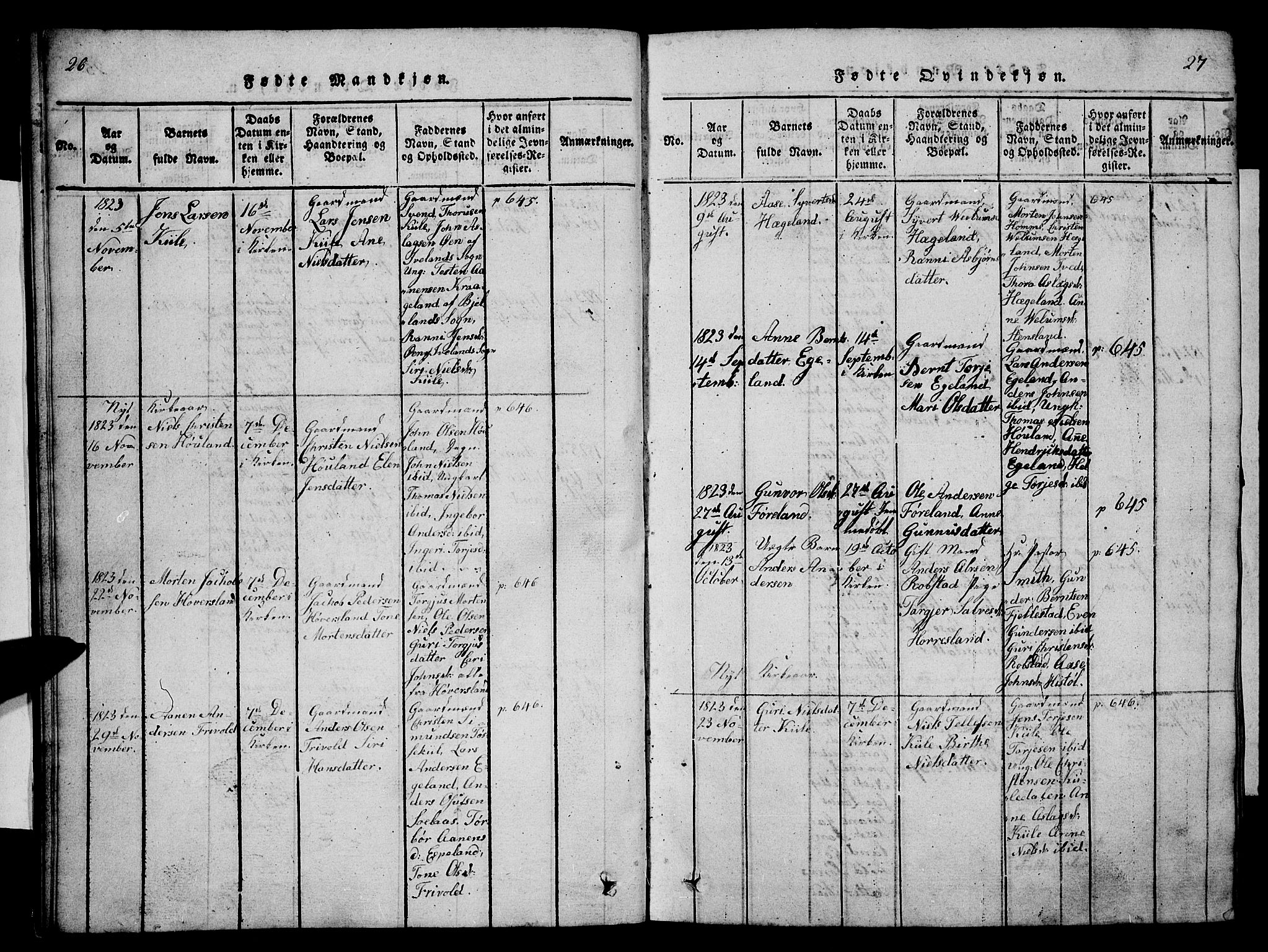 Vennesla sokneprestkontor, AV/SAK-1111-0045/Fb/Fba/L0001: Klokkerbok nr. B 1, 1820-1834, s. 26-27