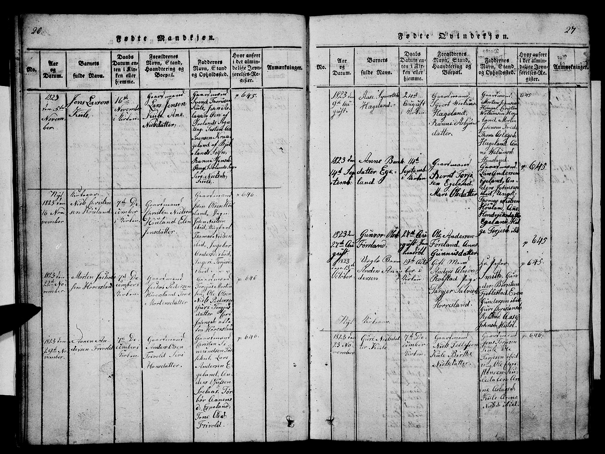 Vennesla sokneprestkontor, SAK/1111-0045/Fb/Fba/L0001: Klokkerbok nr. B 1, 1820-1834, s. 26-27