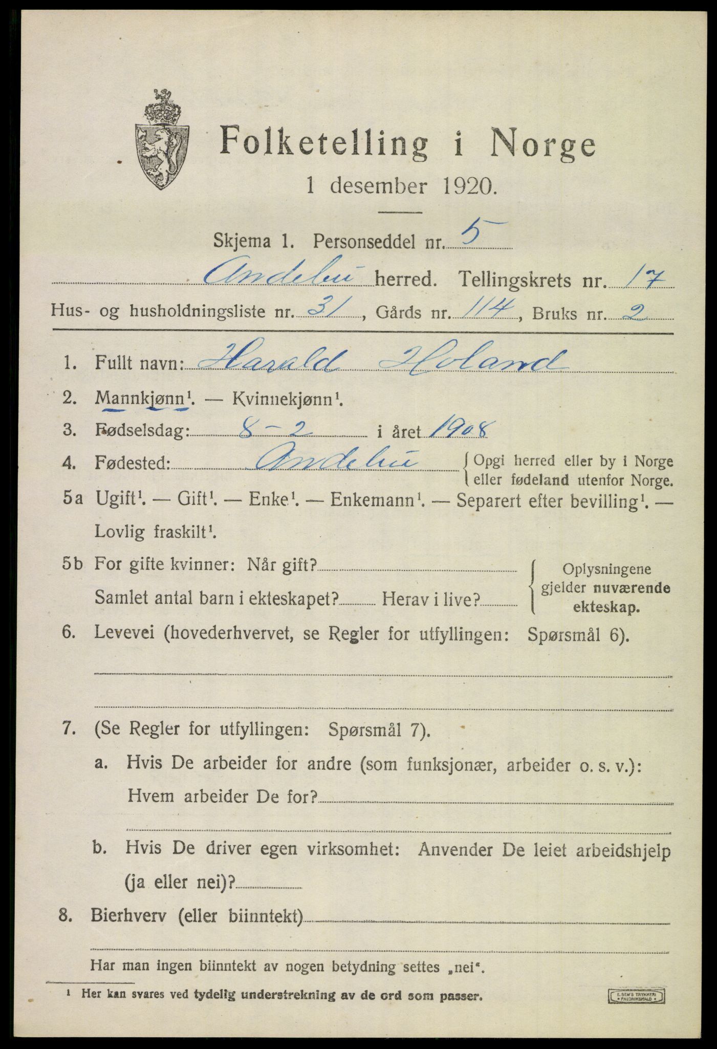 SAKO, Folketelling 1920 for 0719 Andebu herred, 1920, s. 6038