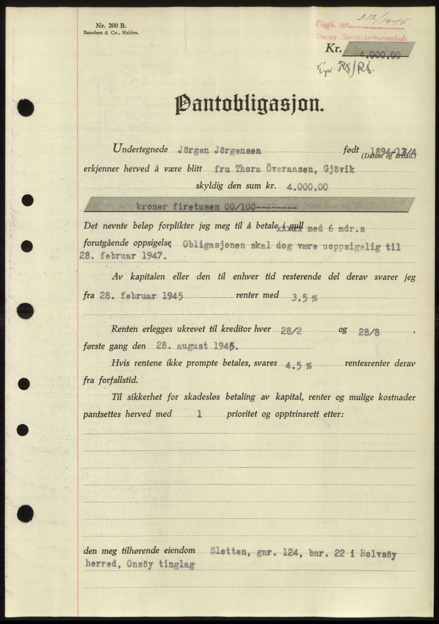 Onsøy sorenskriveri, SAO/A-10474/G/Ga/Gac/L0004: Pantebok nr. B4, 1944-1946, Dagboknr: 312/1945