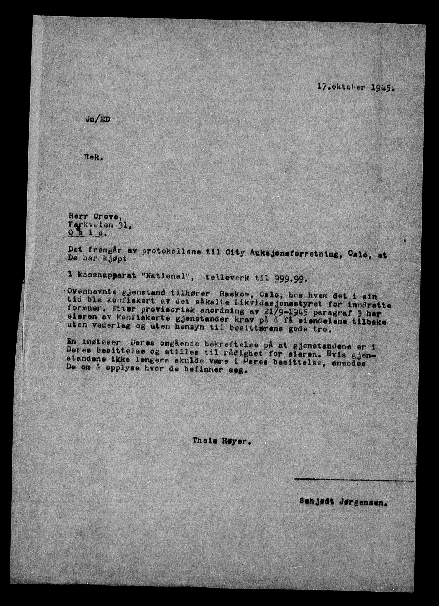 Justisdepartementet, Tilbakeføringskontoret for inndratte formuer, AV/RA-S-1564/H/Hc/Hcc/L0972: --, 1945-1947, s. 4