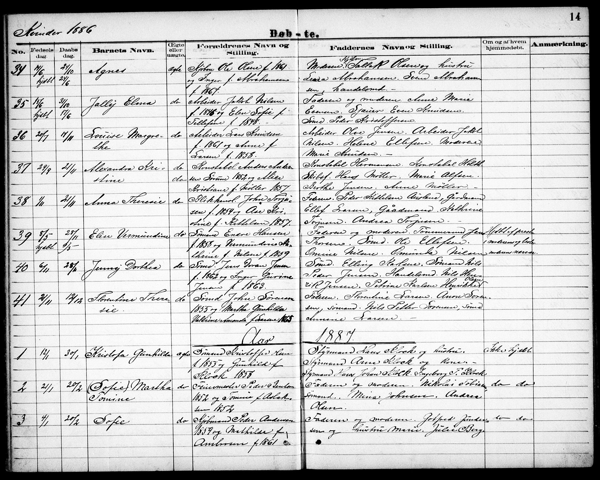 Risør sokneprestkontor, AV/SAK-1111-0035/F/Fb/L0007: Klokkerbok nr. B 7, 1885-1908, s. 14