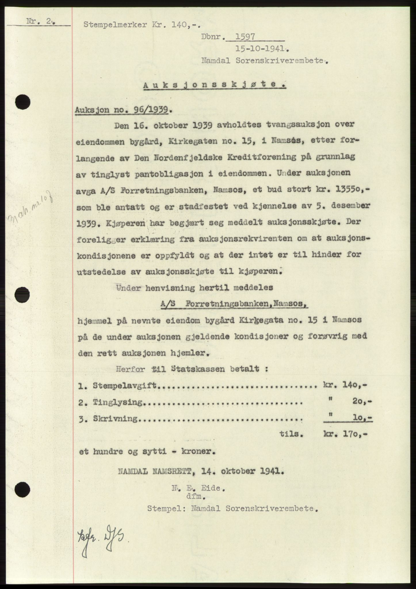 Namdal sorenskriveri, SAT/A-4133/1/2/2C: Pantebok nr. -, 1941-1942, Dagboknr: 1597/1941