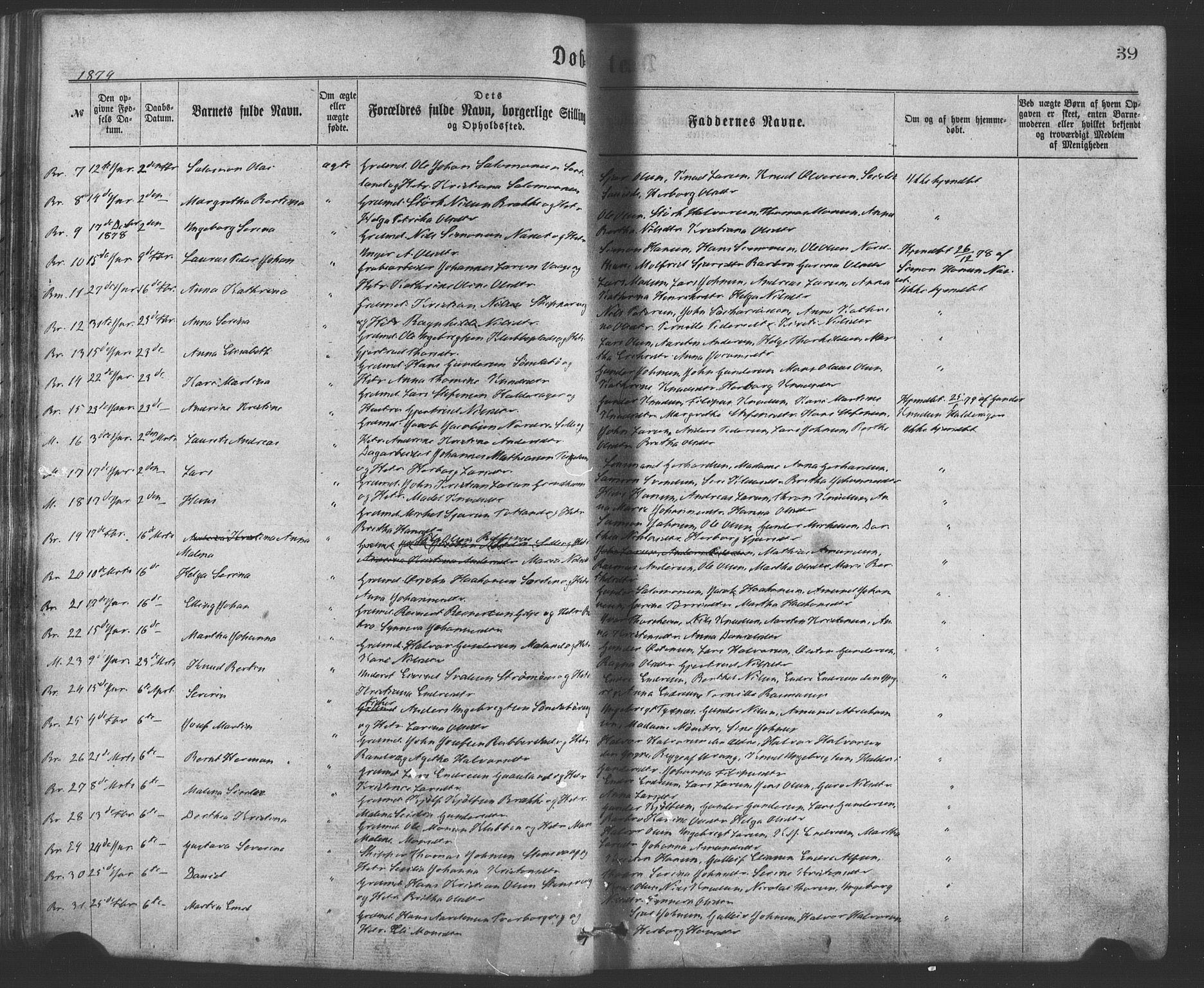 Finnås sokneprestembete, AV/SAB-A-99925/H/Ha/Haa/Haaa/L0009: Ministerialbok nr. A 9, 1873-1881, s. 39