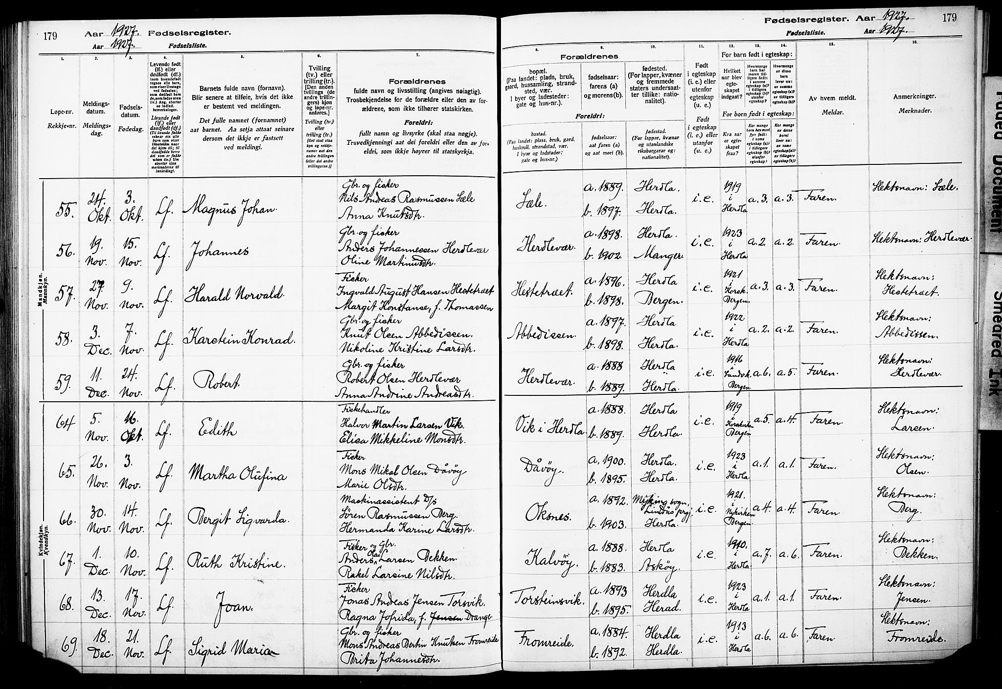 Herdla Sokneprestembete, AV/SAB-A-75701/I/Id/L00A1: Fødselsregister nr. A 1, 1916-1929, s. 179