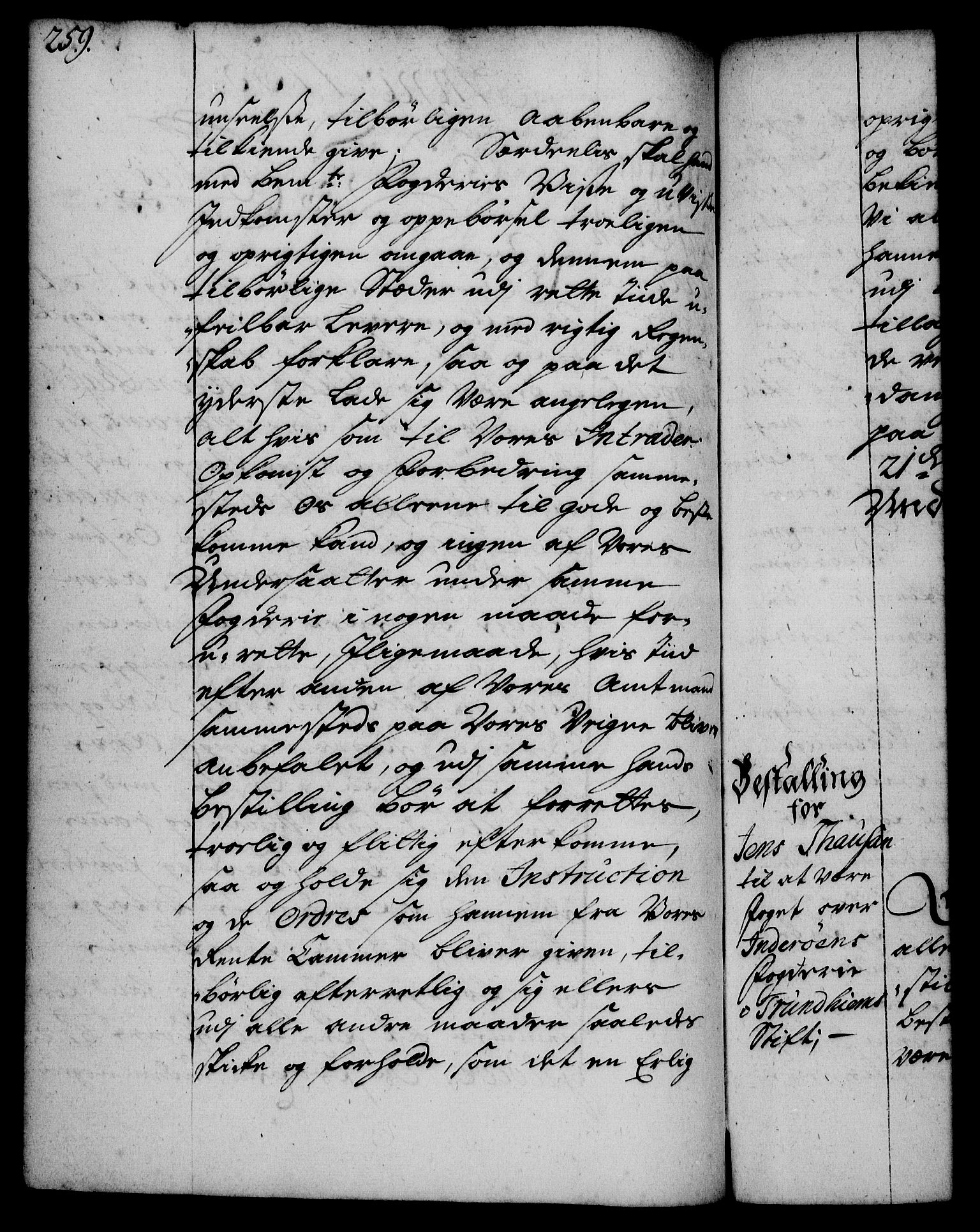 Rentekammeret, Kammerkanselliet, RA/EA-3111/G/Gg/Gge/L0002: Norsk bestallingsprotokoll med register (merket RK 53.26), 1730-1744, s. 259