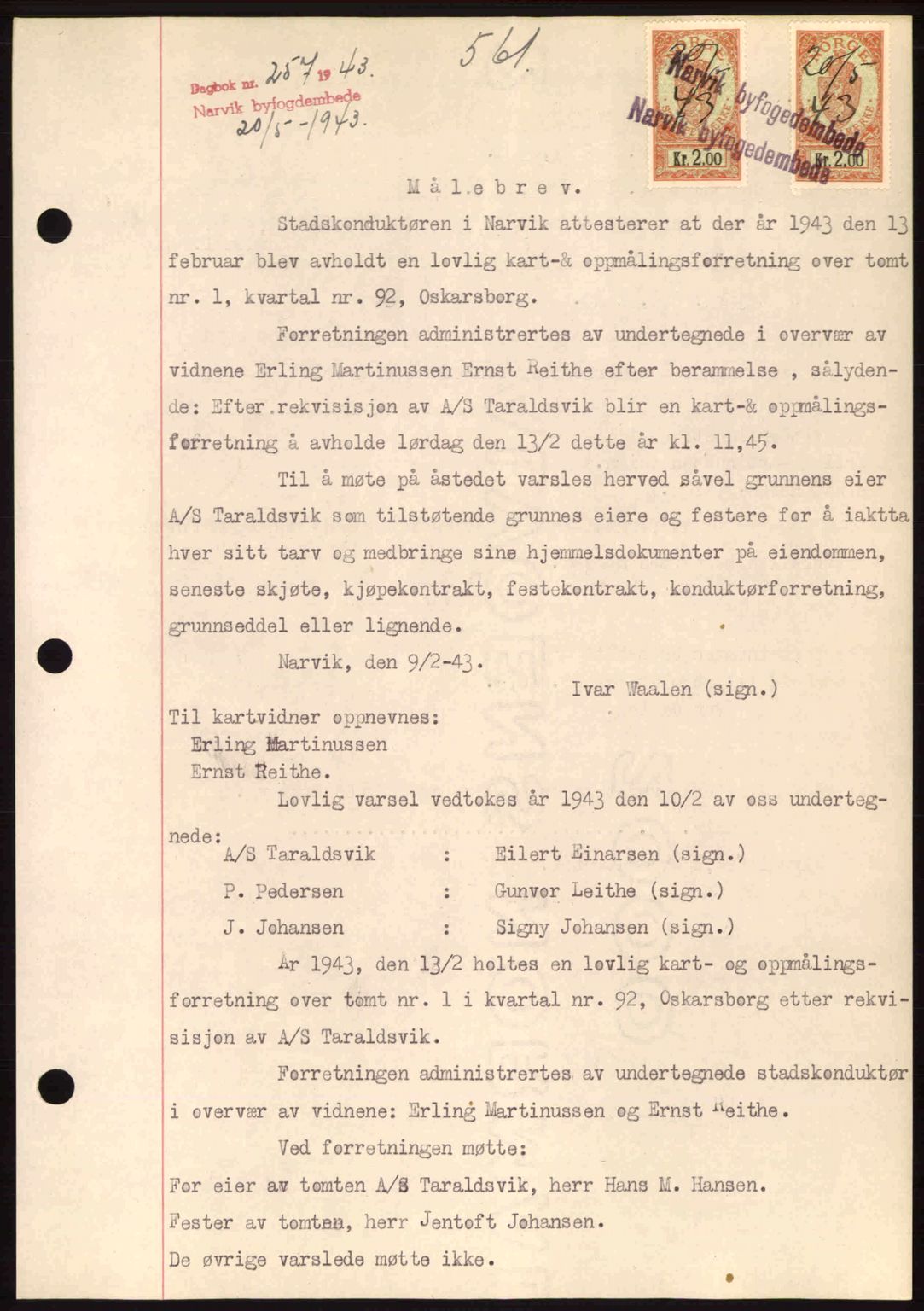 Narvik sorenskriveri, SAT/A-0002/1/2/2C/2Ca: Pantebok nr. A19, 1942-1943, Dagboknr: 257/1943