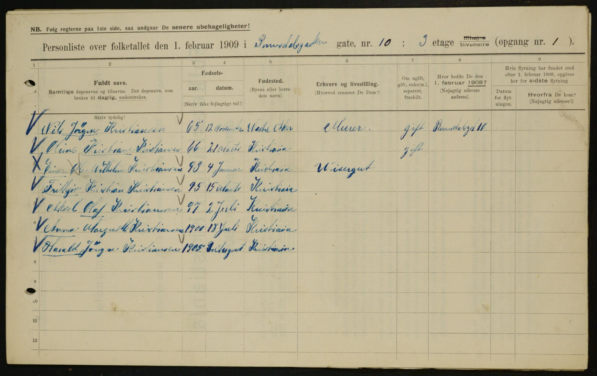 OBA, Kommunal folketelling 1.2.1909 for Kristiania kjøpstad, 1909, s. 75562