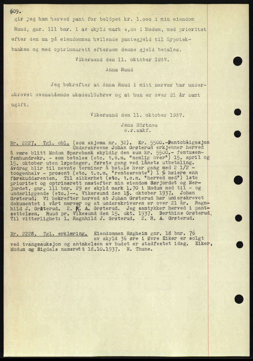 Eiker, Modum og Sigdal sorenskriveri, SAKO/A-123/G/Ga/Gab/L0036: Pantebok nr. A6, 1937-1937, Dagboknr: 2227/1937