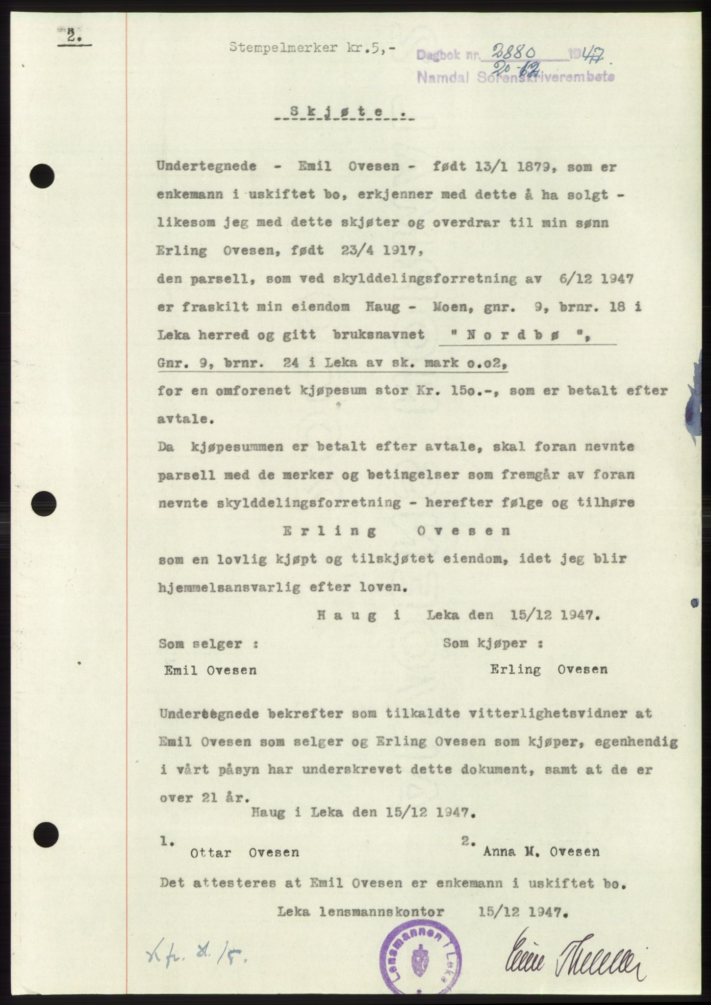 Namdal sorenskriveri, SAT/A-4133/1/2/2C: Pantebok nr. -, 1947-1948, Dagboknr: 2880/1947