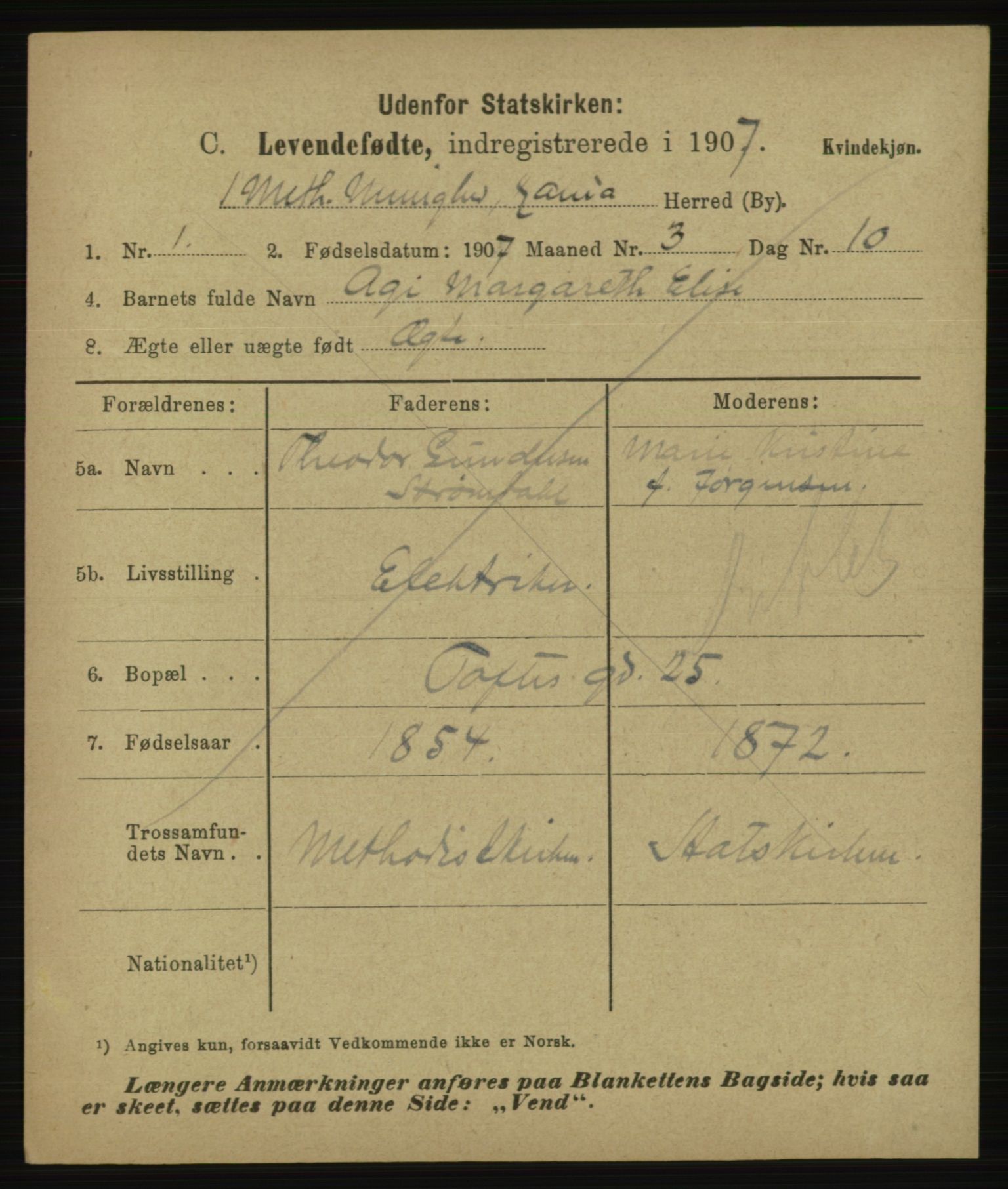 Statistisk sentralbyrå, Sosiodemografiske emner, Befolkning, AV/RA-S-2228/E/L0005: Fødte, gifte, døde dissentere., 1907, s. 3065