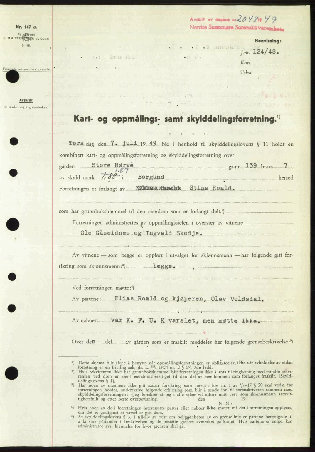 Nordre Sunnmøre sorenskriveri, AV/SAT-A-0006/1/2/2C/2Ca: Pantebok nr. A32, 1949-1949, Dagboknr: 2048/1949