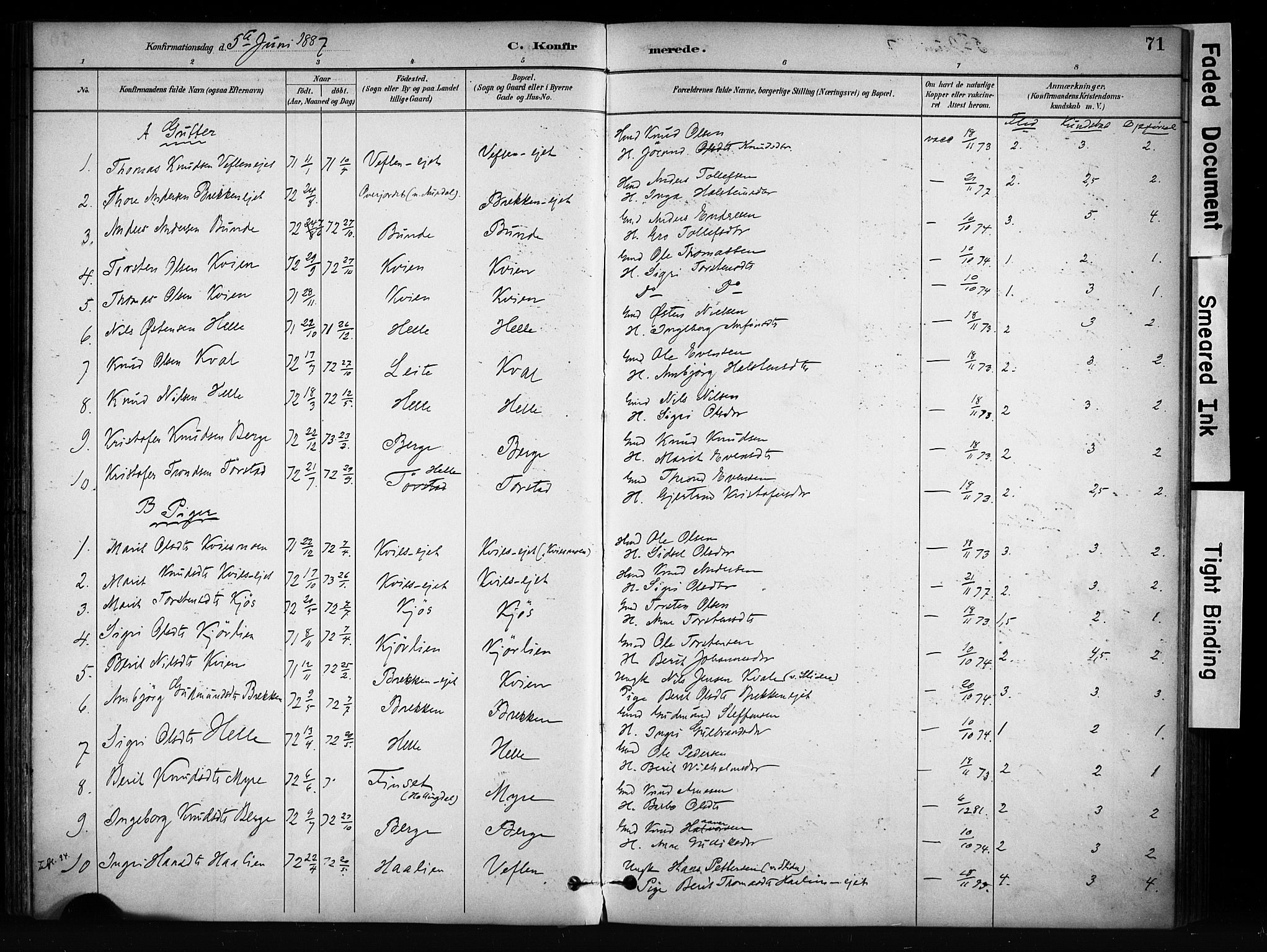 Vang prestekontor, Valdres, AV/SAH-PREST-140/H/Ha/L0009: Ministerialbok nr. 9, 1882-1914, s. 71