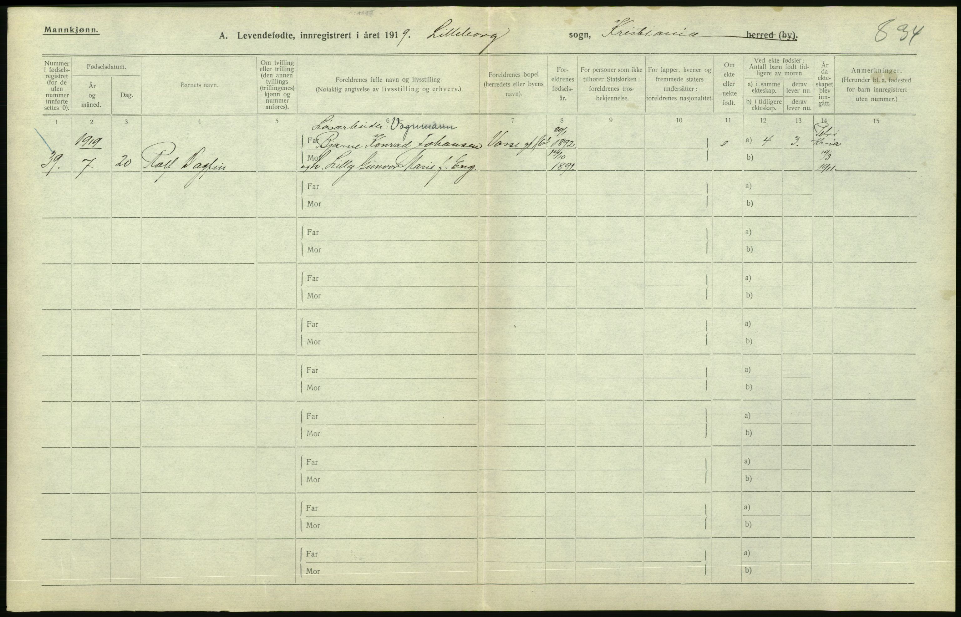 Statistisk sentralbyrå, Sosiodemografiske emner, Befolkning, AV/RA-S-2228/D/Df/Dfb/Dfbi/L0008: Kristiania: Levendefødte menn og kvinner., 1919