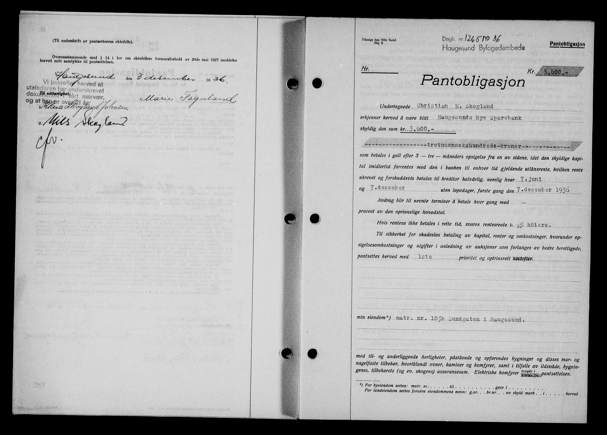 Haugesund tingrett, SAST/A-101415/01/II/IIC/L0031: Pantebok nr. 31, 1936-1938, Dagboknr: 1265/1936