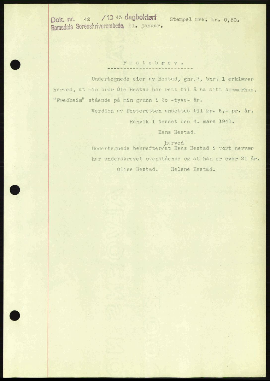 Romsdal sorenskriveri, SAT/A-4149/1/2/2C: Pantebok nr. A13, 1942-1943, Dagboknr: 42/1943