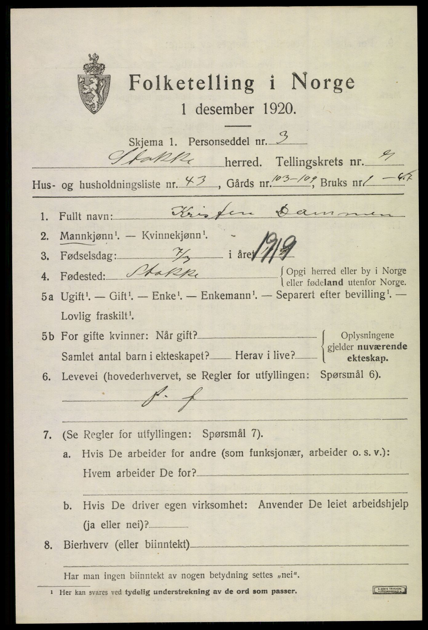 SAKO, Folketelling 1920 for 0720 Stokke herred, 1920, s. 10890