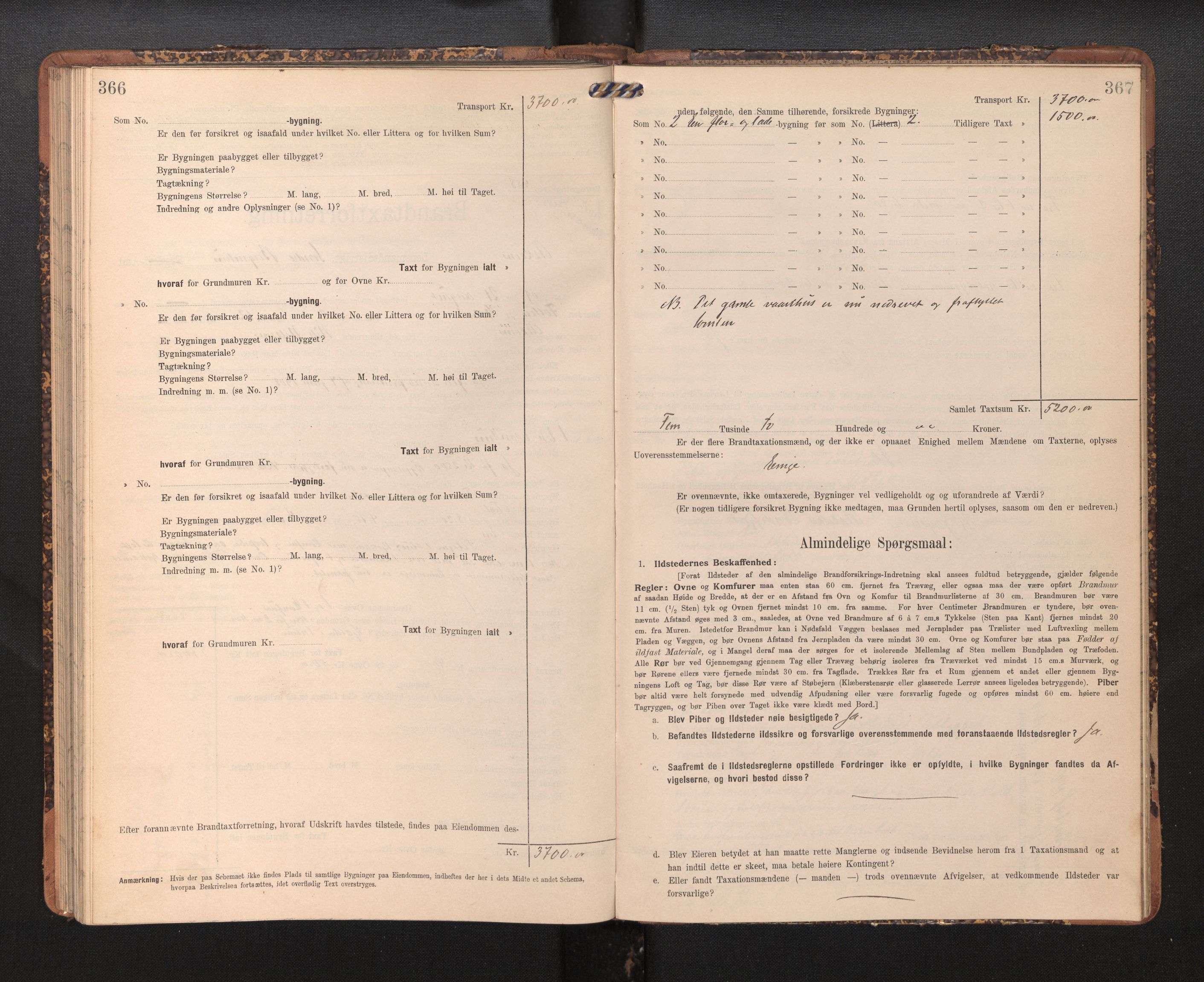 Lensmannen i Askøy, AV/SAB-A-31001/0012/L0005: Branntakstprotokoll, skjematakst, 1907-1915, s. 366-367