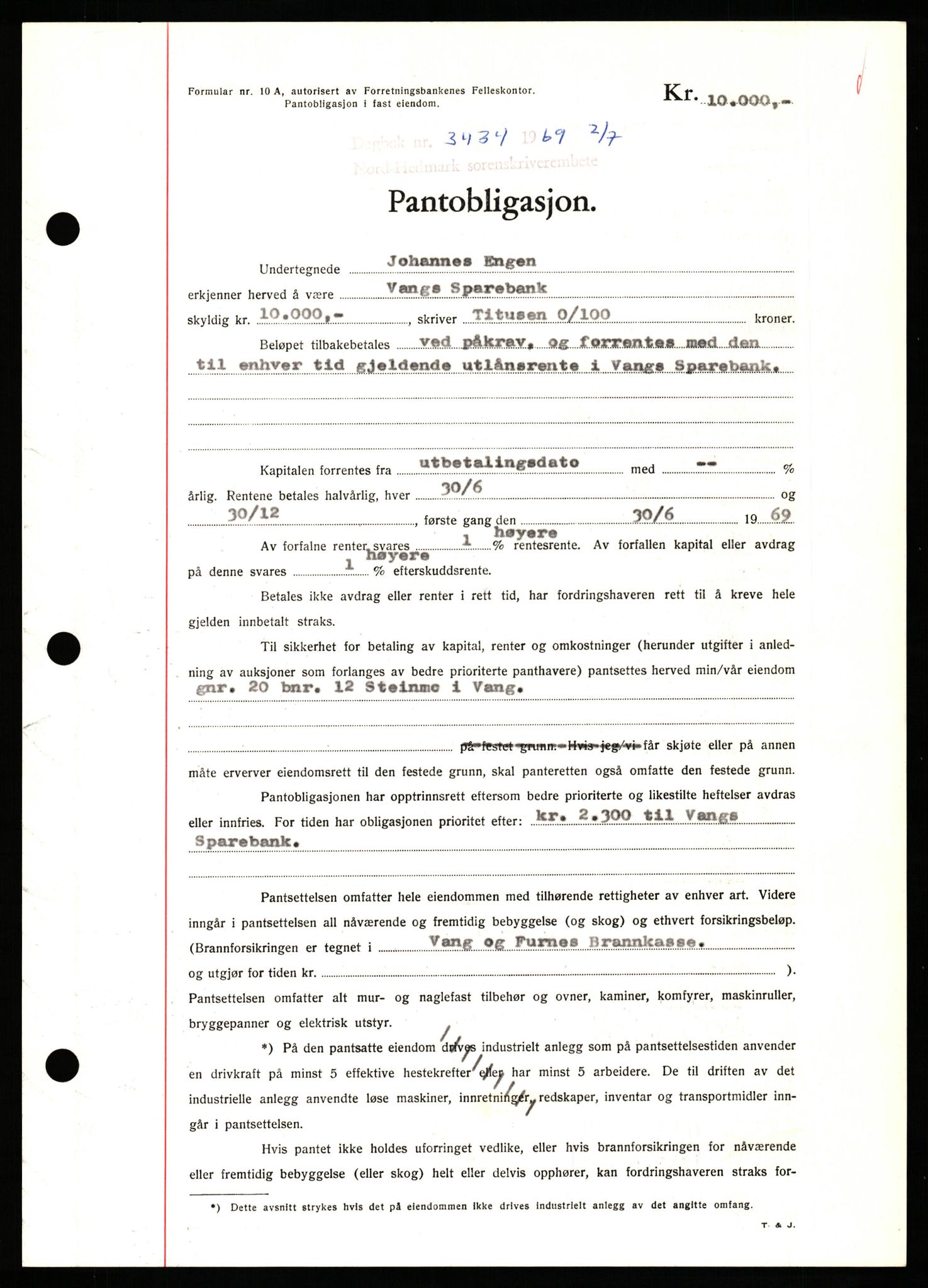 Nord-Hedmark sorenskriveri, SAH/TING-012/H/Hb/Hbf/L0080: Pantebok nr. B80, 1969-1969, Dagboknr: 3434/1969