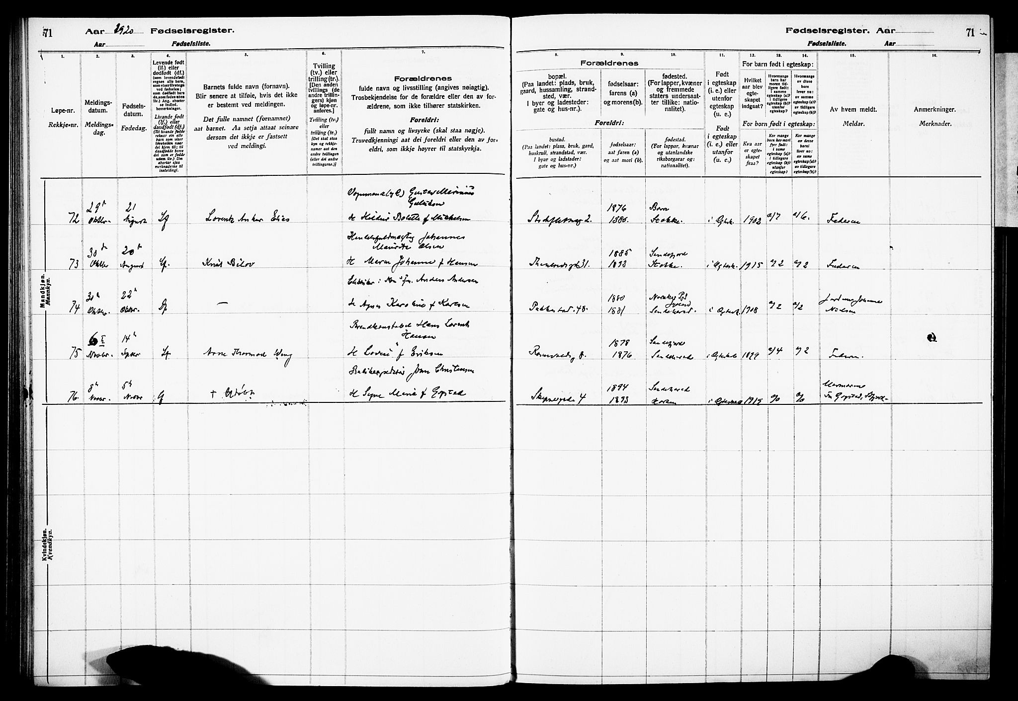 Sandefjord kirkebøker, AV/SAKO-A-315/J/Ja/L0001: Fødselsregister nr. 1, 1916-1932, s. 71