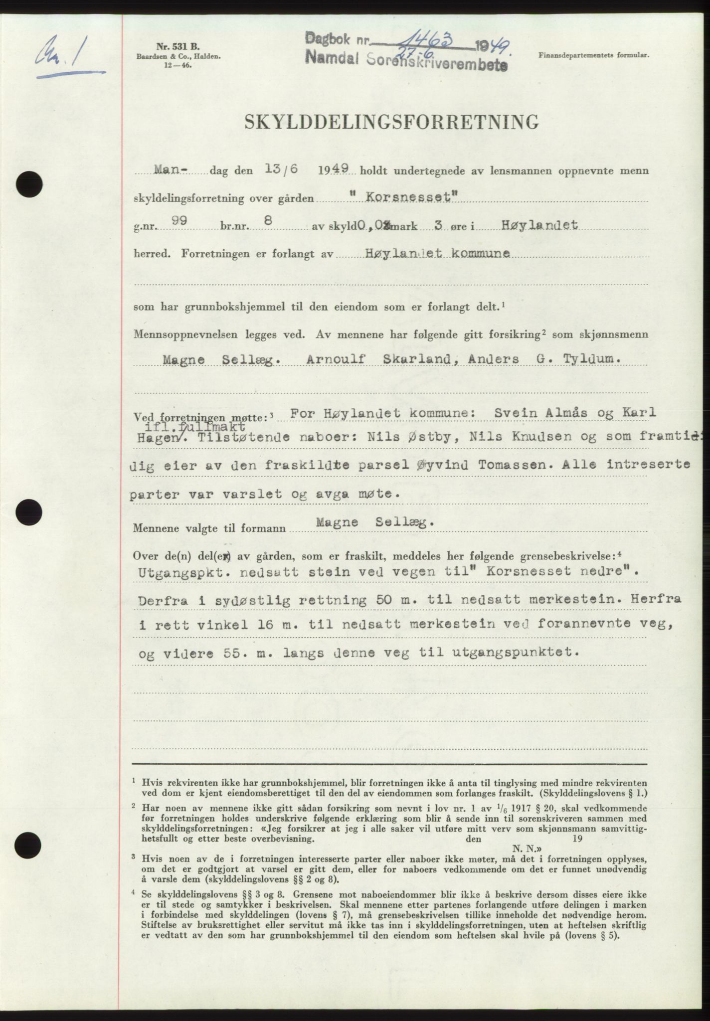 Namdal sorenskriveri, SAT/A-4133/1/2/2C: Pantebok nr. -, 1949-1949, Dagboknr: 1463/1949