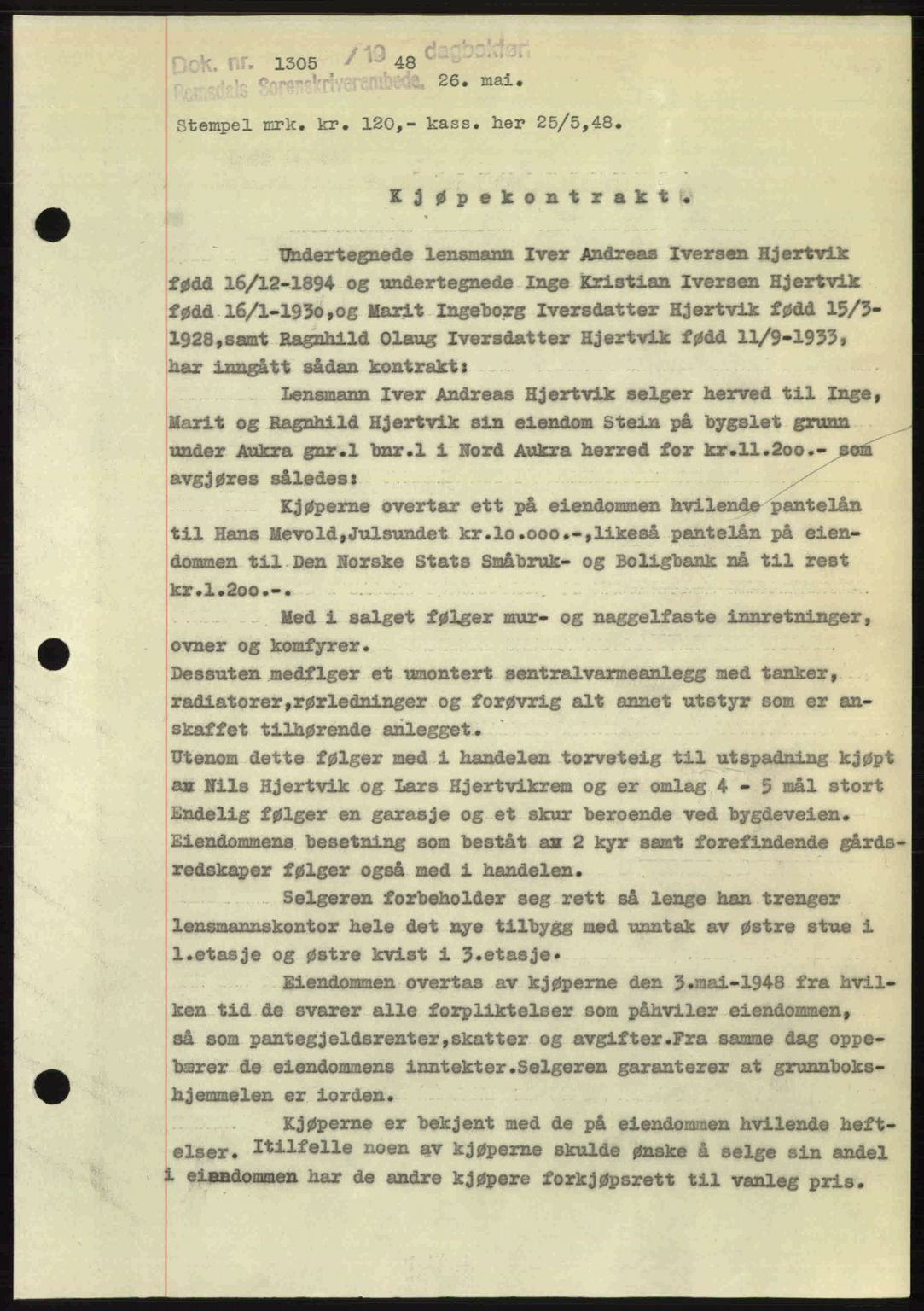 Romsdal sorenskriveri, SAT/A-4149/1/2/2C: Pantebok nr. A26, 1948-1948, Dagboknr: 1305/1948