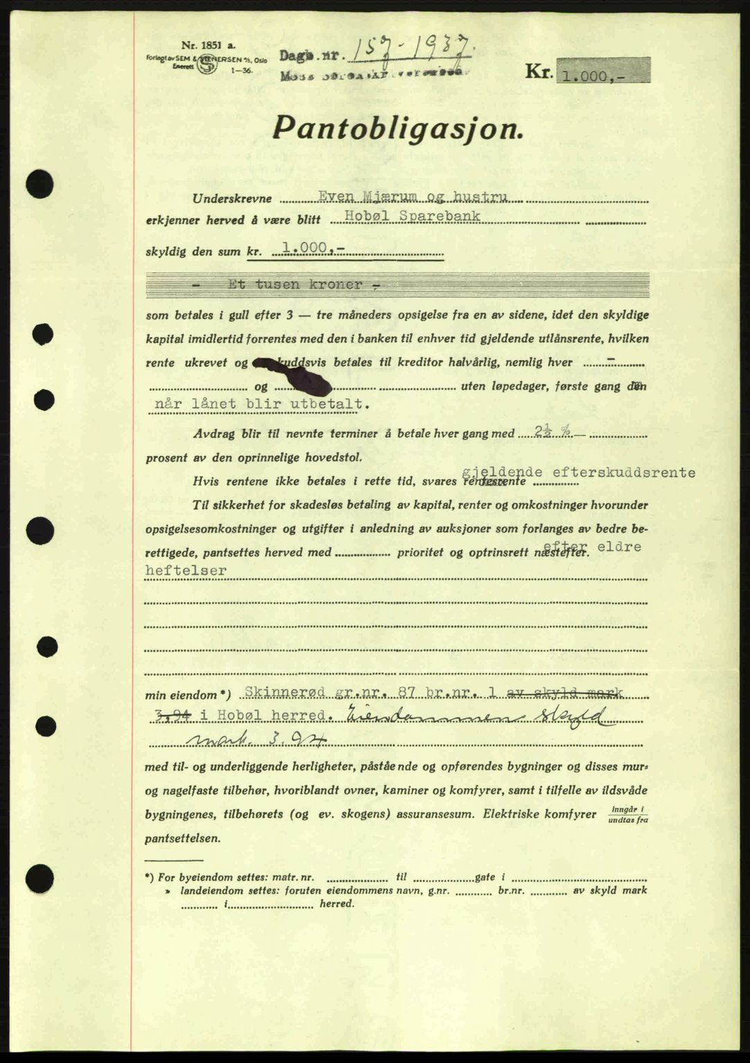 Moss sorenskriveri, SAO/A-10168: Pantebok nr. B3, 1937-1937, Dagboknr: 157/1937