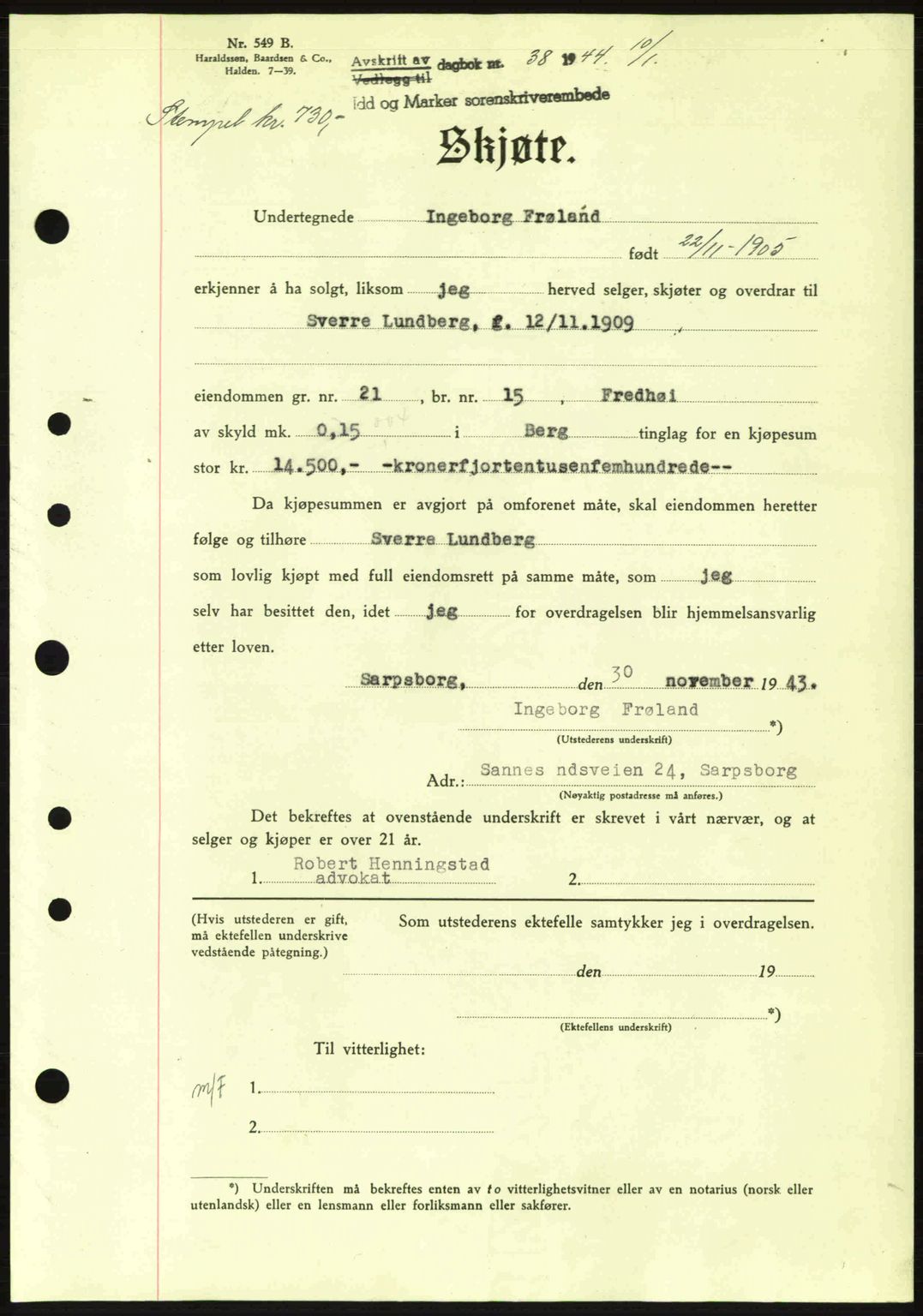 Idd og Marker sorenskriveri, AV/SAO-A-10283/G/Gb/Gbb/L0006: Pantebok nr. A6, 1943-1944, Dagboknr: 38/1944