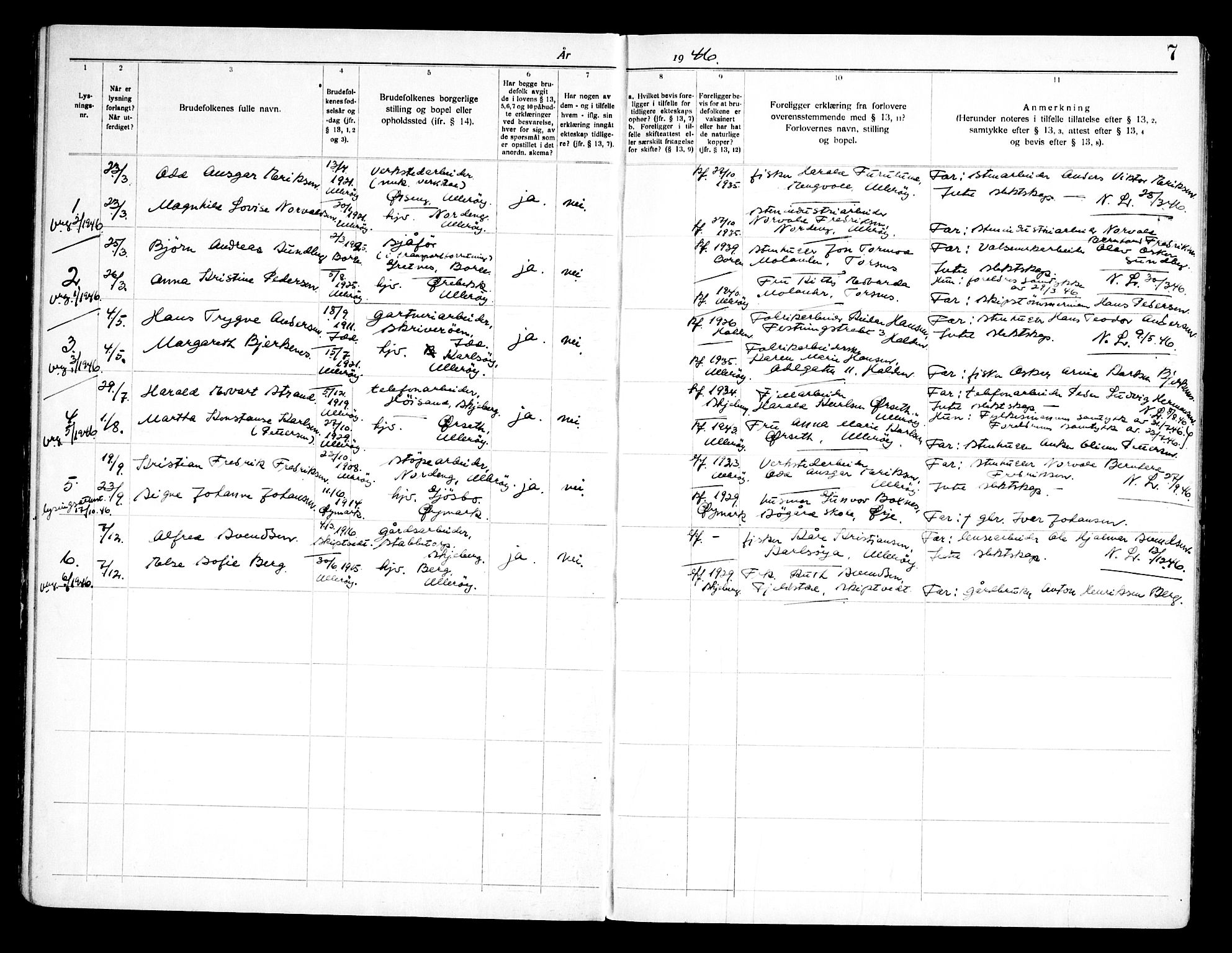 Skjeberg prestekontor Kirkebøker, SAO/A-10923/H/Ha/L0004: Lysningsprotokoll nr. I 4, 1938-1970, s. 7